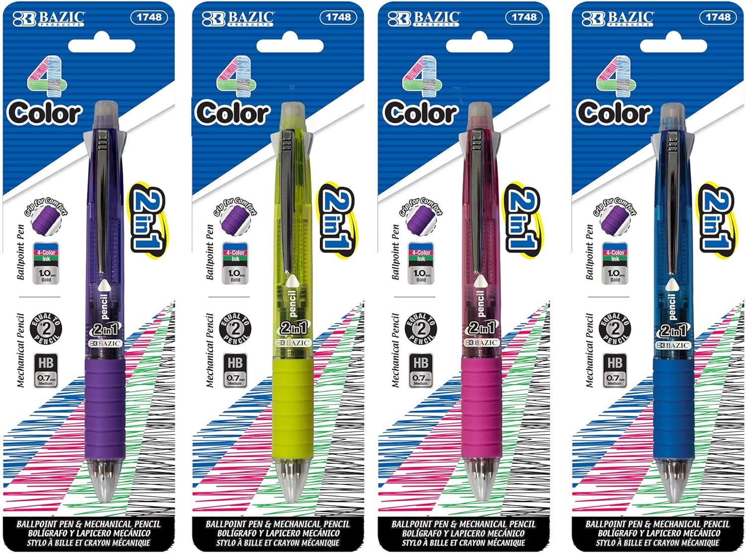Bazic 2-In-1 Mechanical Pencil and 4-Color Pen with Grip, 2 per Pack (Case of 144) (1748-144)