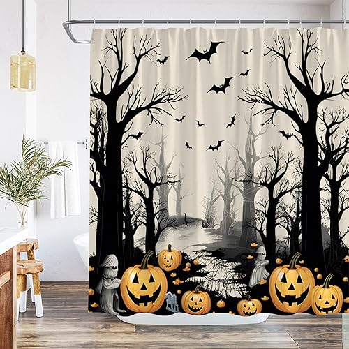 Miniatura 1 de Cortina de ducha de bosque brumoso de terror de Halloween, otoño, calabaza, murciélago, feliz día festivo, decoración del día de todos los santos,