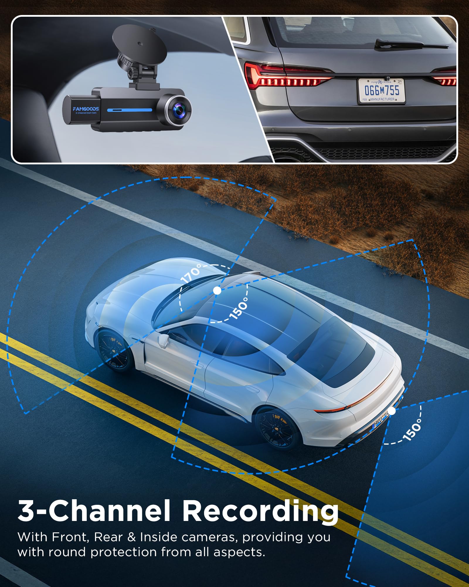 Dashcam voor de auto, voor 4K, achter, binnen, 3-kanaals 3,16 inch IPS