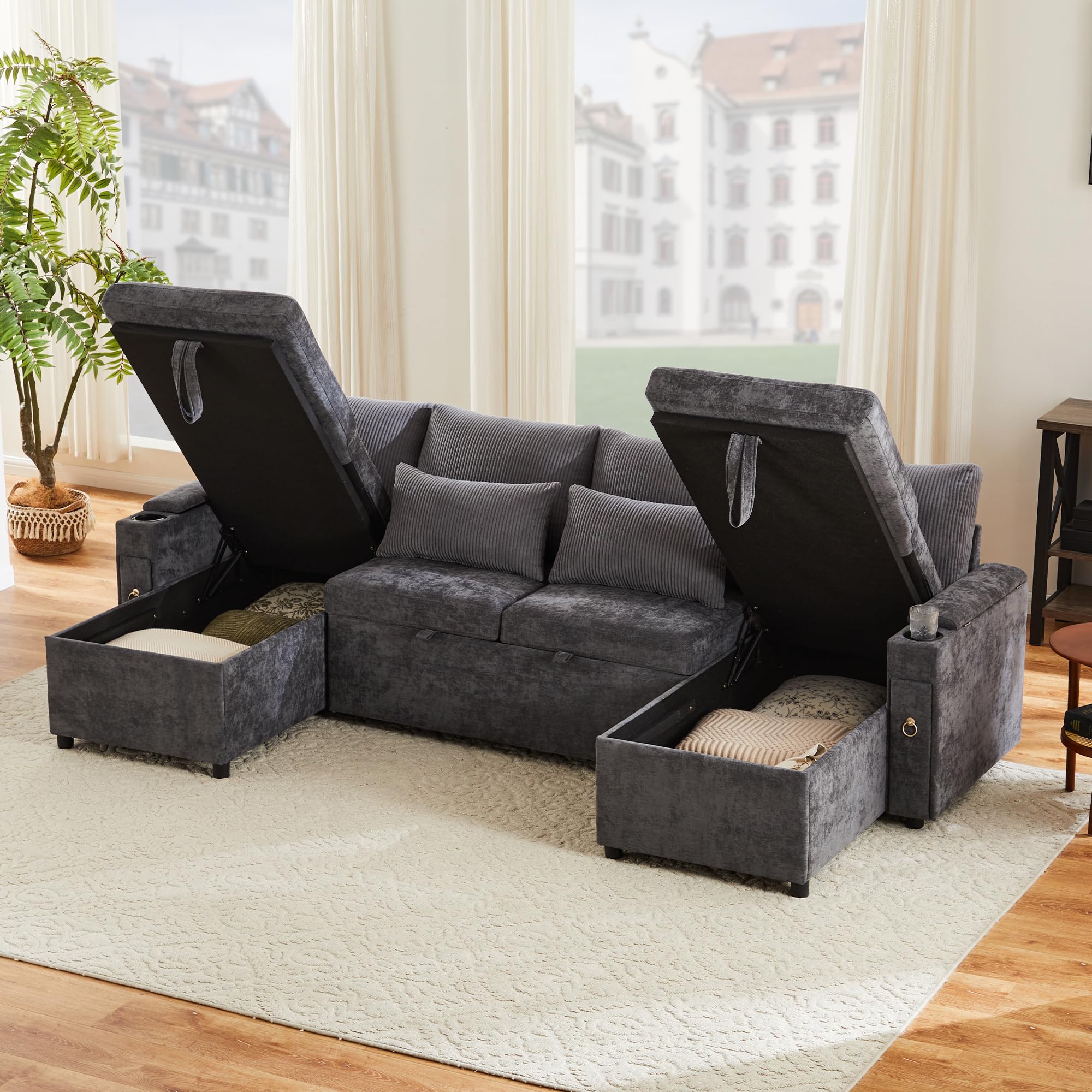Kebnor Sofá cama de cuatro plazas en forma de U con soporte para bebidas, sofá de esquina con espacio de almacenamiento y función de descanso. Incluye soporte para bebidas y almohadas. Sofá
