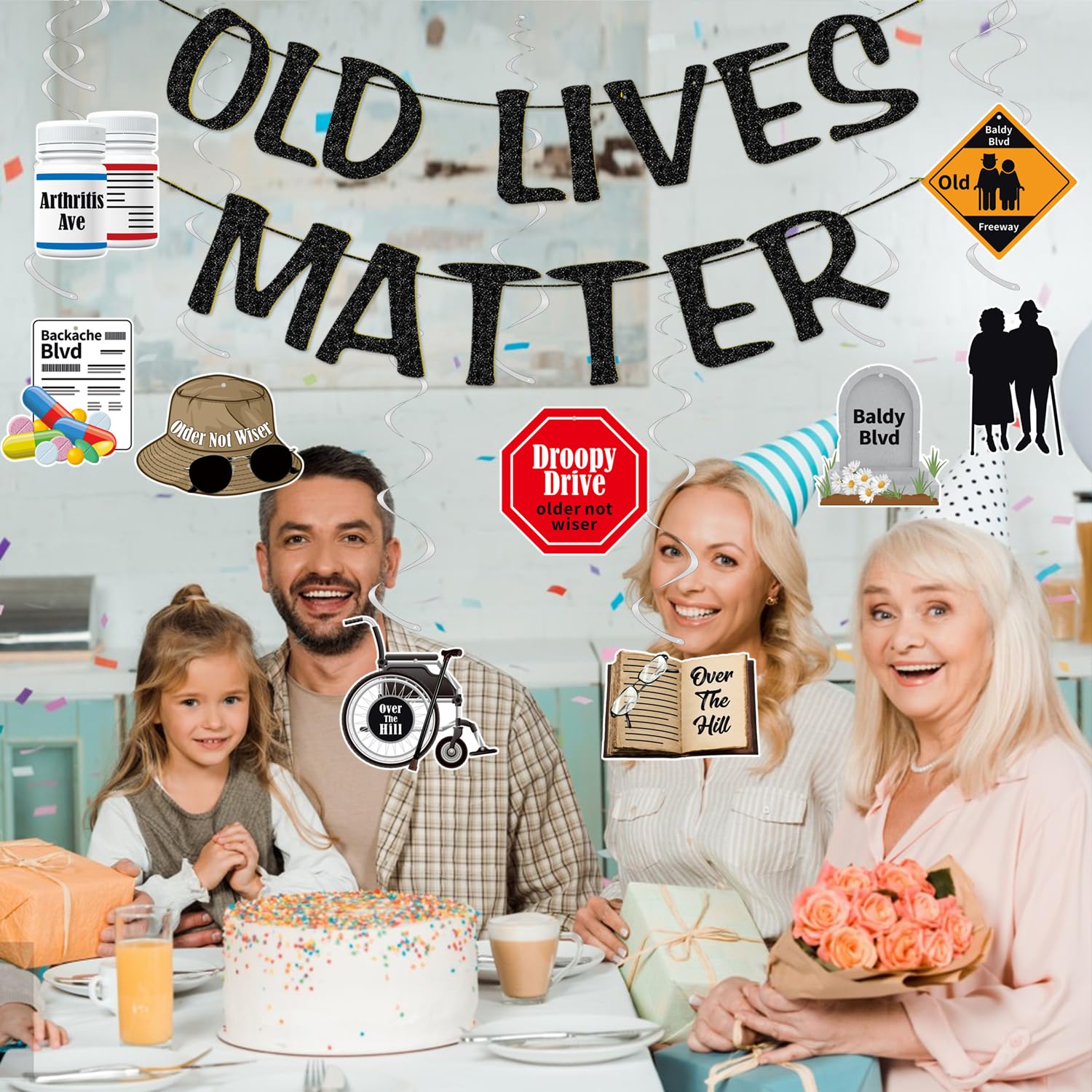 Over The Hill Birthday Decorations OLD LIVES MATTER Funny Birthday Banner -  Black Glitter Over The Hill, image size:1500x1500
