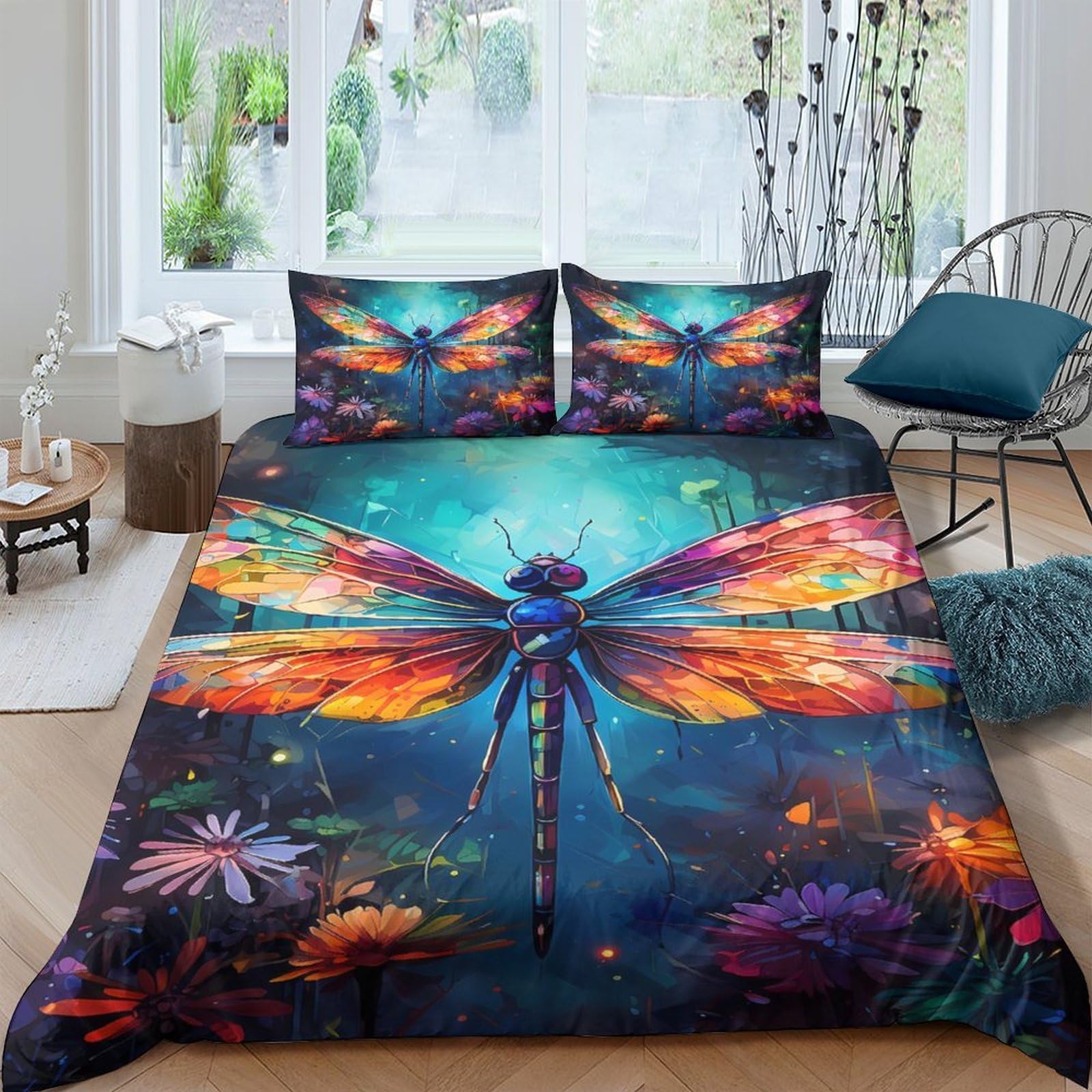 Ctjqhvkz Style-4 3D Printed Dragonfly Dream Fitted Sheet Microfiber Colourful Nature Bed Cover For Bedroom Guest Room Decor Single（135X200cm）