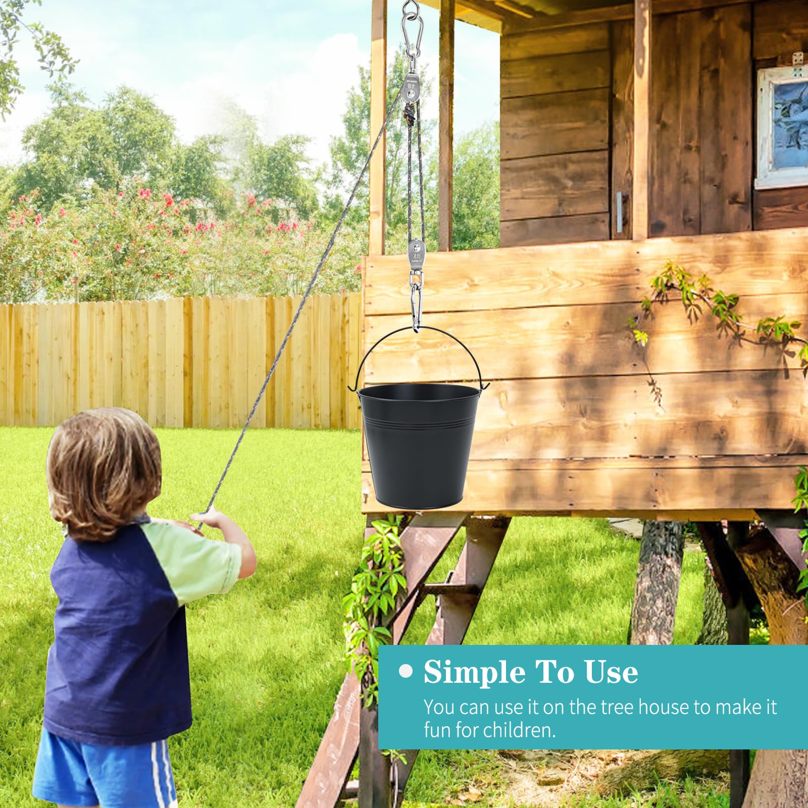 FORMIZON Puleggia per bambini, puleggia con secchio in metallo, sistema puleggia per bambini e secchio pieghevole, accessori per capanna in alberi e torre di gioco, giocattoli da giardino per bambini
