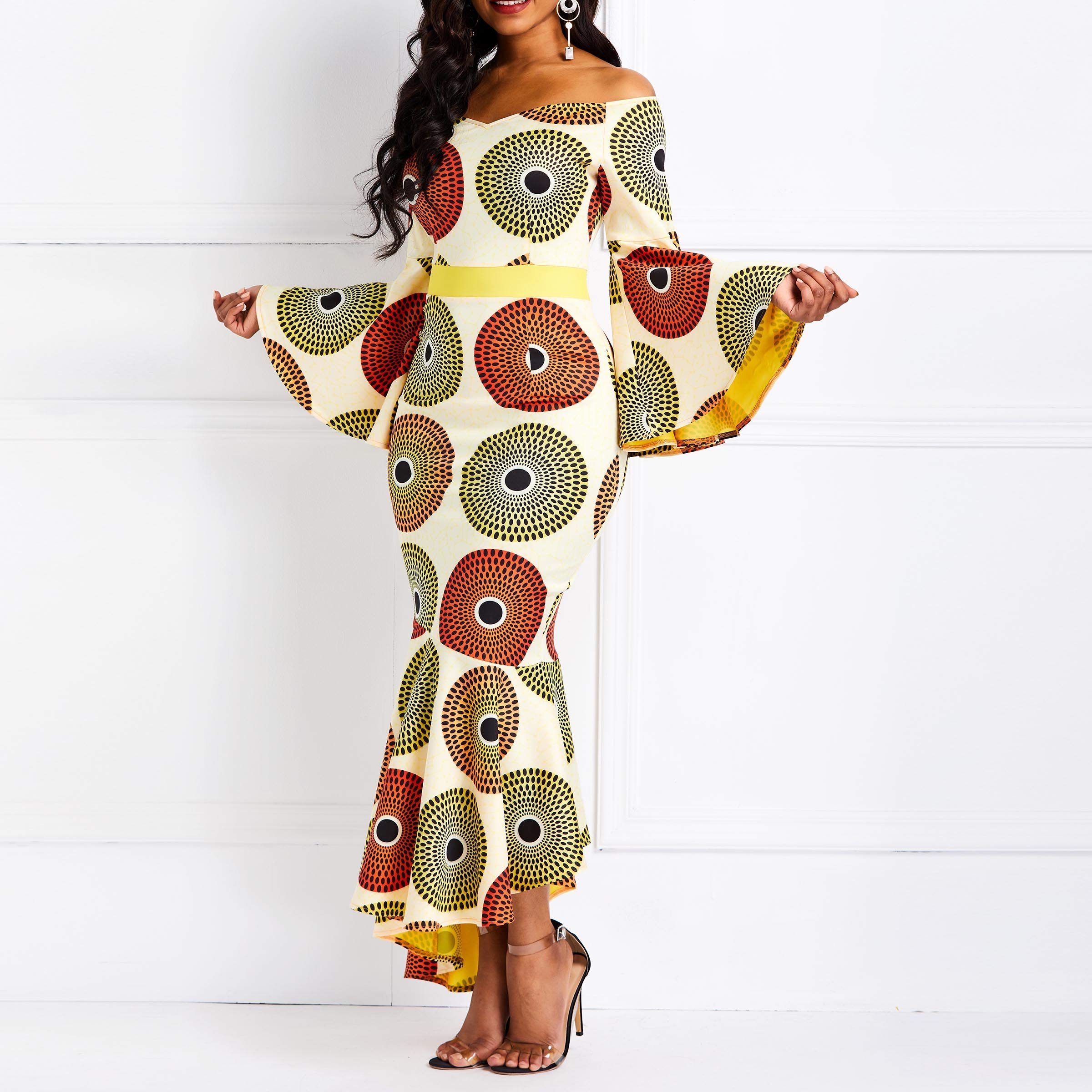 VERWIN Robe Moulante pour Femme a Volants a Manches Longues Imprimer Maxi Dress Wrap Party Dress Robe Longue