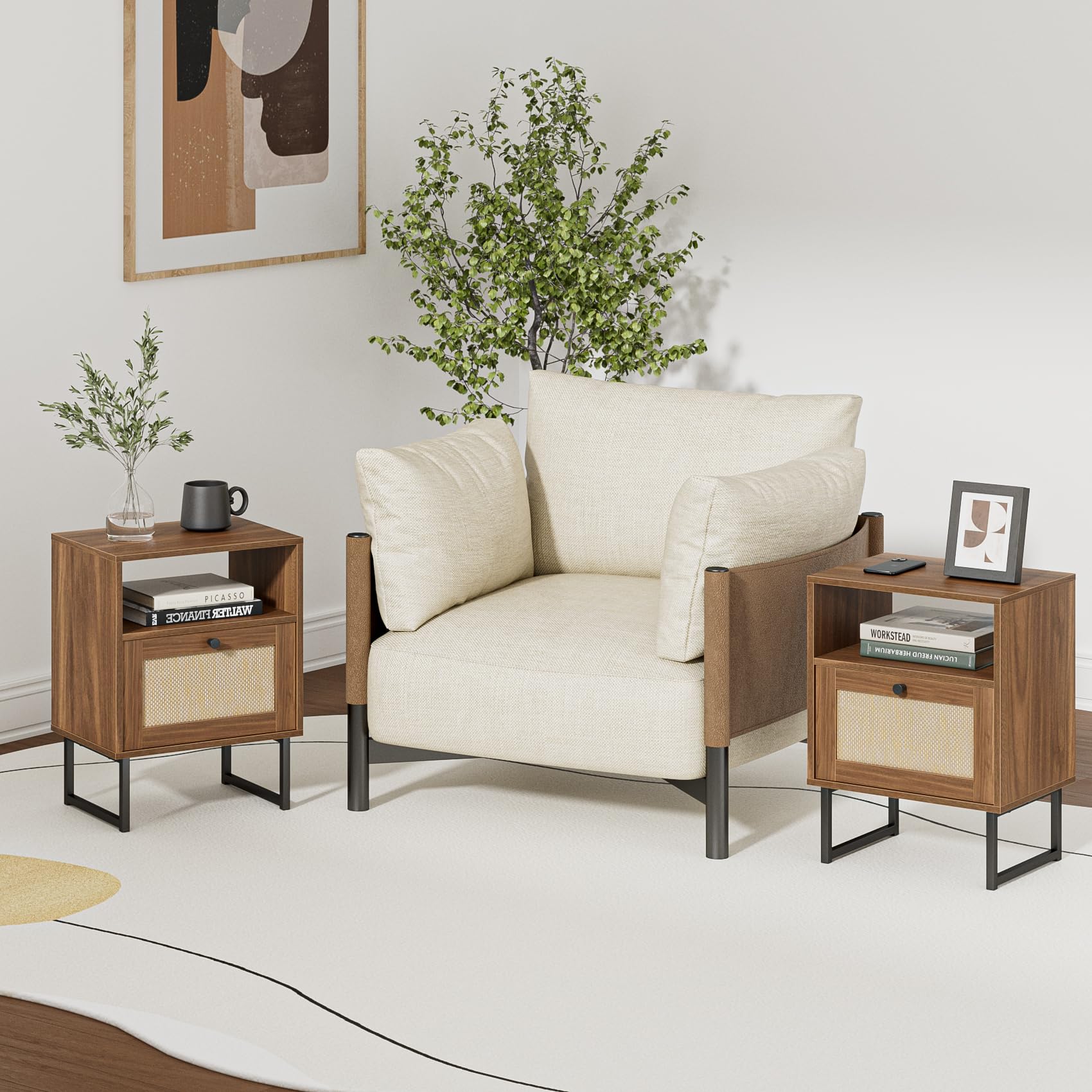 HEYZOEY Rattan Nachttisch,Moderner Boho Bauernhof Holz Nachttisch mit Schublade und offenem Regal,Kleiner Goldrahmen Beistelltisch für Schlafzimmer,Wohnzimmer,Büro(Braun)