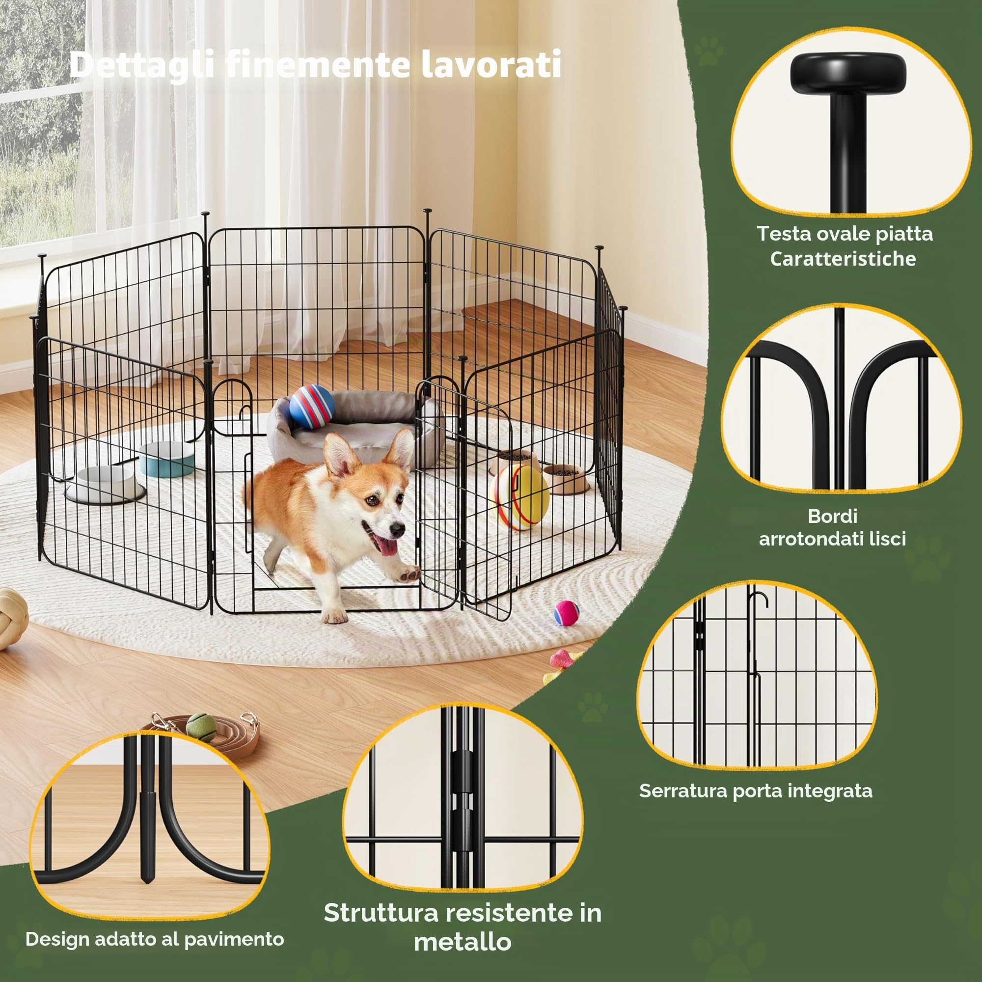 Yaheetech Recinto per Animali Domestici, 8 Pannelli Altezza 60 cm, Pieghevole con Porta per Interno ed Esterno, in Acciaio, per Cani, Cuccioli, Gatti e Conigli