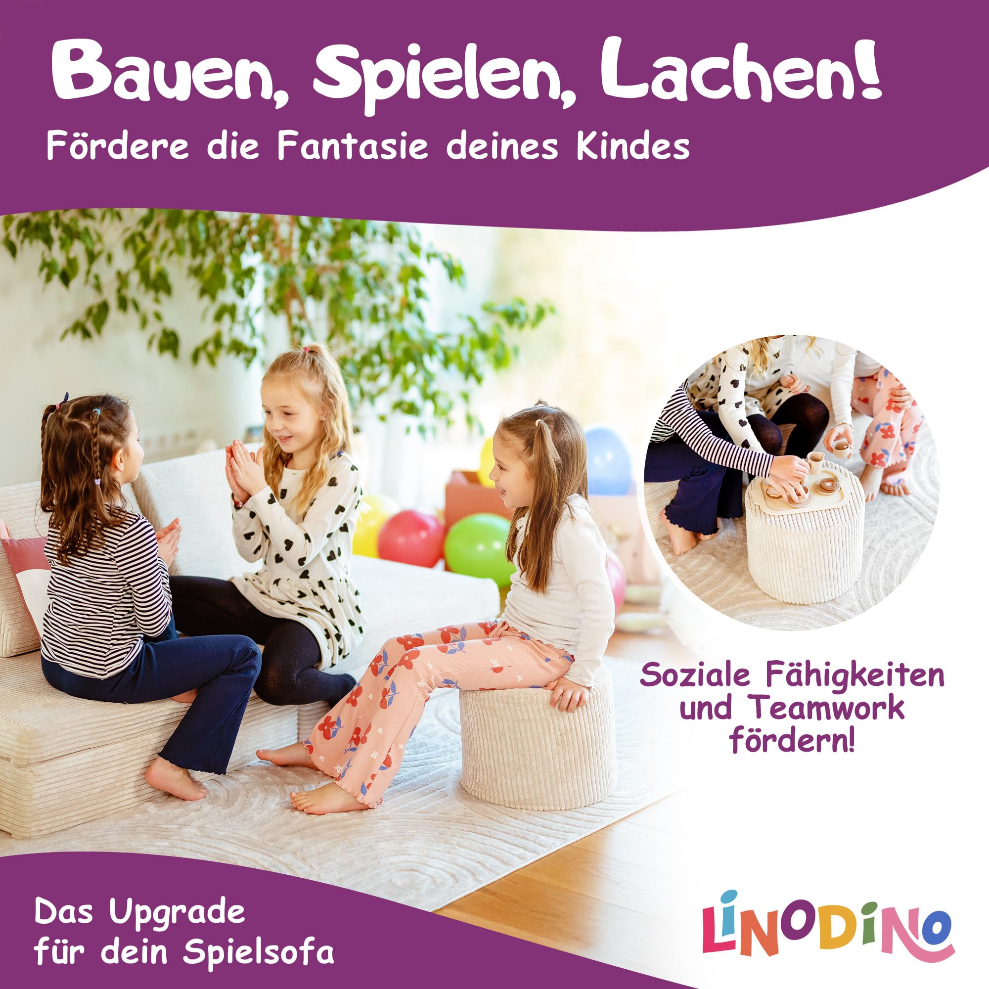 Linodino® Knuffelpouf – Spielsofa Add-on I Spieltisch & Kinderhocker & Baustein in einem I Modul-Erweiterung für kreative Spielwelten im Kinderzimmer I Oktopus Lila