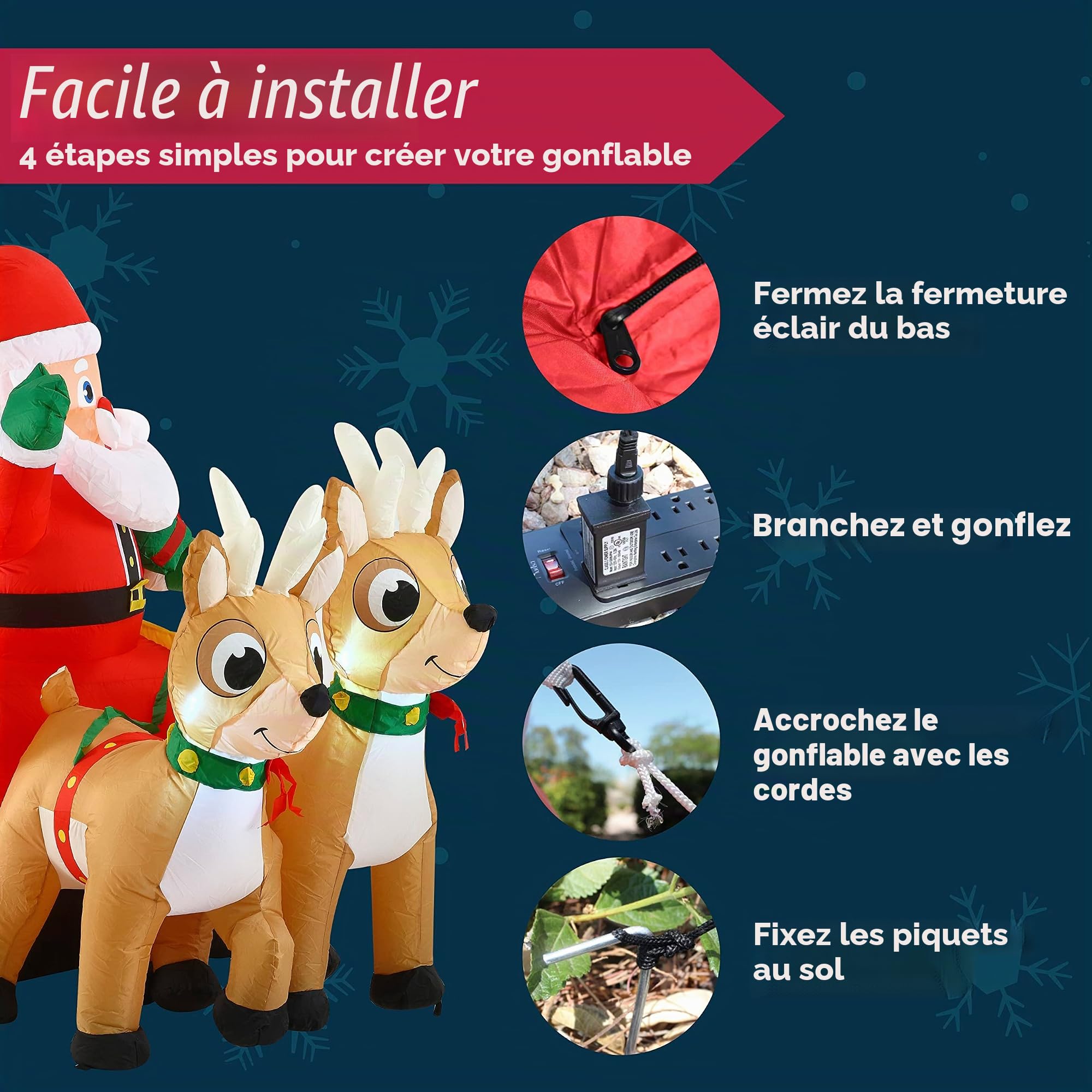 Joiedomi Père Noël Gonflable sur Un Traîneau, 1.83m de Long, avec l'éclairage LED, Cadeau de Noël Gonflable, pour Décoration de Jardin d'intérieur/extérieur
