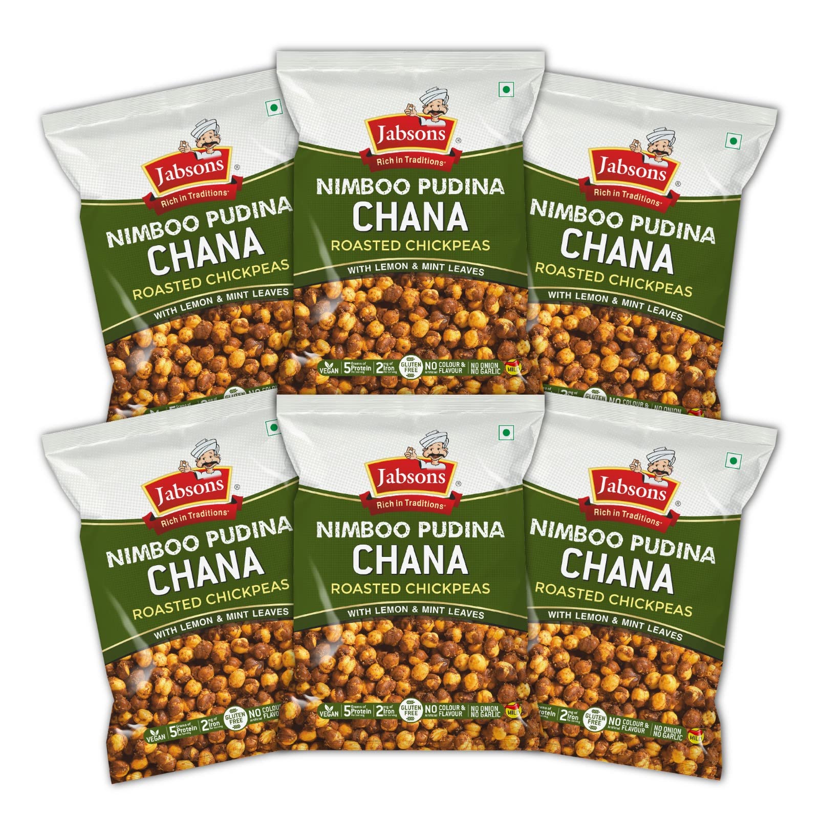 Nimboo Pudina Roasted Chana – 150g Each (Pack of 6) | Lemon & Mint Flavored Crunchy Chana | Gluten-Free & Protein-Rich Snack | No Onion No Garlic | Ready to Eat