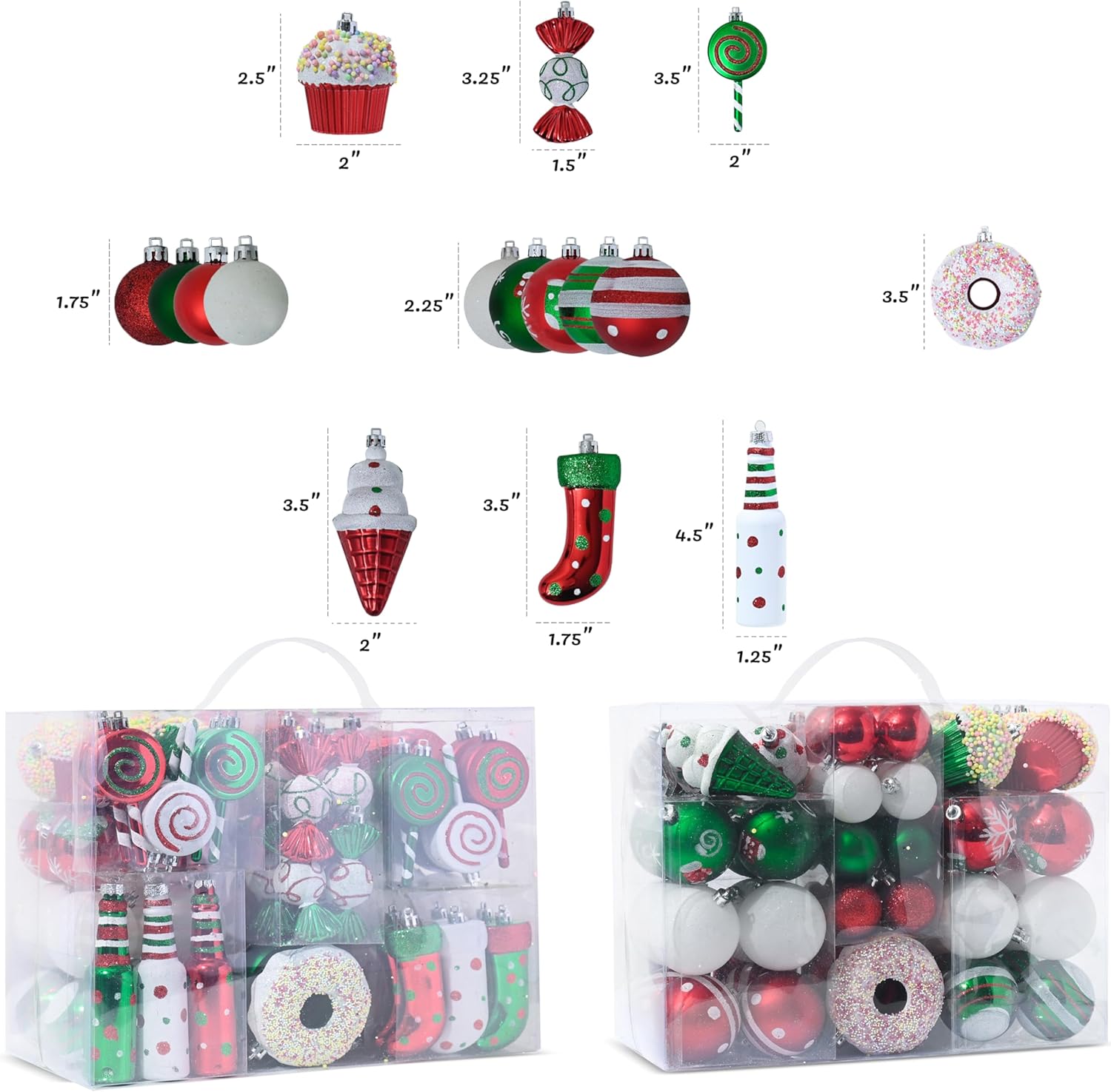 R N' D Toys Candycane Ornament Set – Christmas Candy Cane Shatterproof Balls and Hanging Ornaments for Indoor & Outdoor Christmas Xmas Tree, Holiday Party, Home Décor -82 Piece Set (Red Green & White)