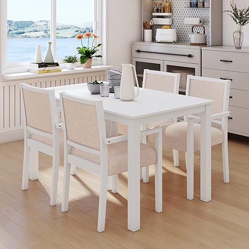 Dining Table Set for 4, Dining Room Sets, Wood 5-Piece Dining Table Set with 4 Arm Upholstered Chairs - Perfect for Family Dinners and Gatherings, White+Beige