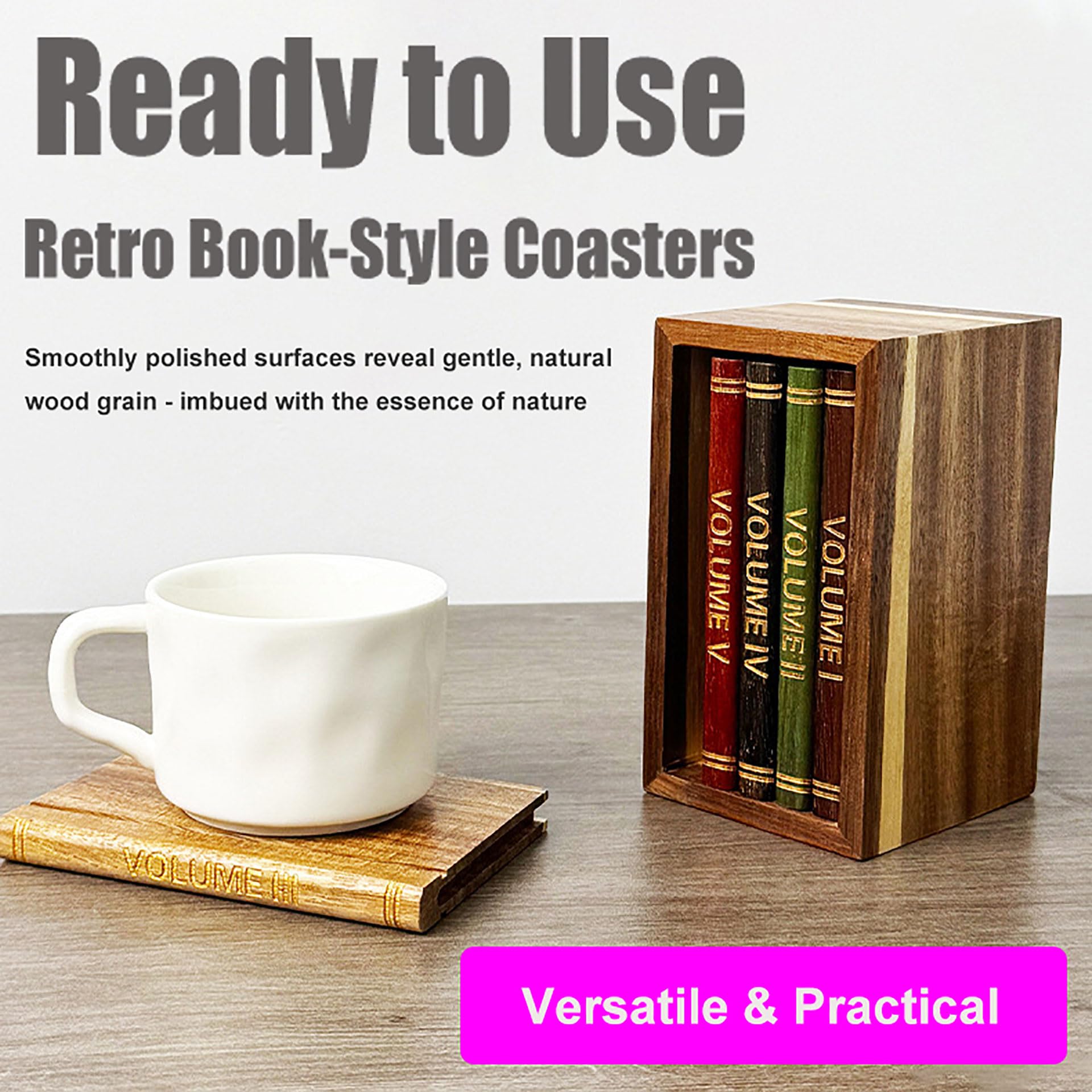Book Coasters Zestaw 5 podstawek z drewna akacjowego, z uchwytem na napoje, do baru, filiżanki, szklanki, podstawki na stół, dekoracyjne, prezenty, 2 zestawy 5,9 x 8 x 14,5 cm
