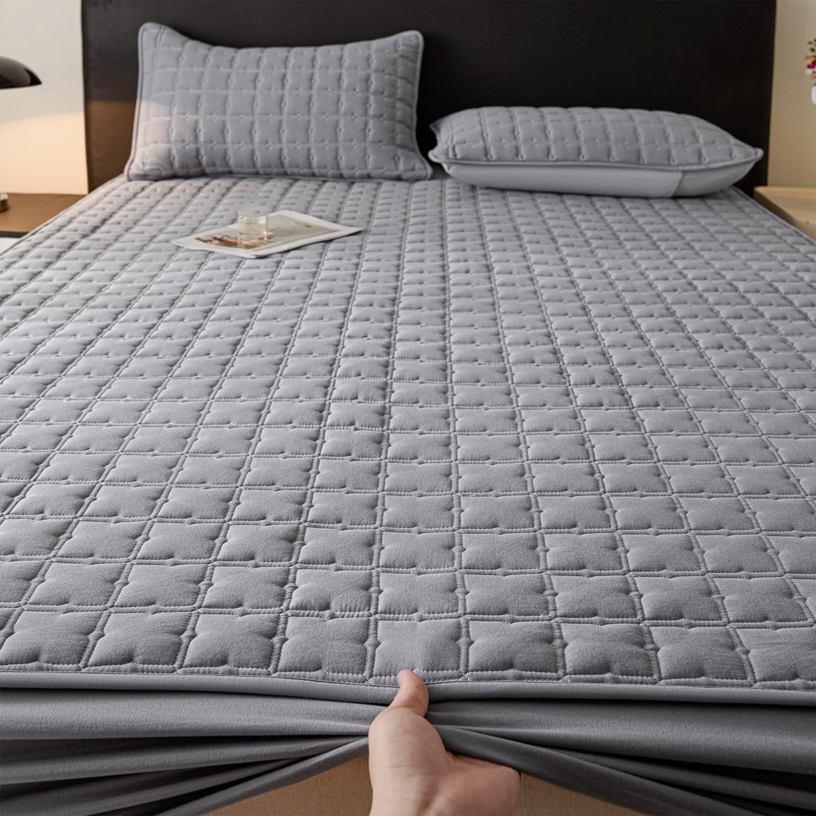 Spannbettlaken 180x200 Khaki Baumwolle Großes Doppelbett | Einfarbig，360°elastische,Ganzjahresgeeignet,mit 2x Kissenbezug von 50x75 cm,Passend für Matratzen bis 30 cm