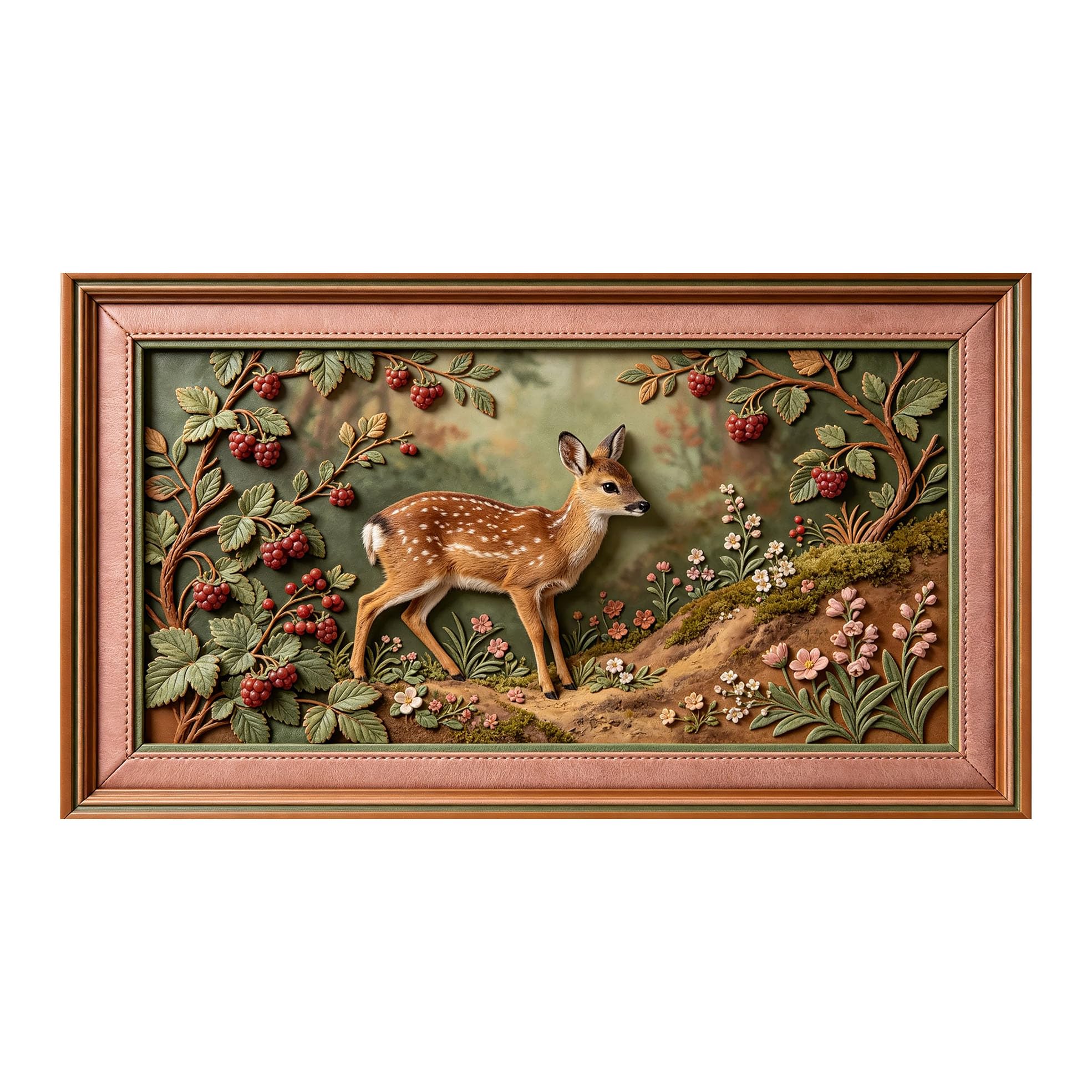 Murasolite 3D Framed Wall Art Woodland Deer Pastoral Botanical Relief Effect SelfAdhesive Fabric Mural Wall Decor， Peel and Stick No Damage to Wall， AntiFall Safe Design for Bedroom Living Room