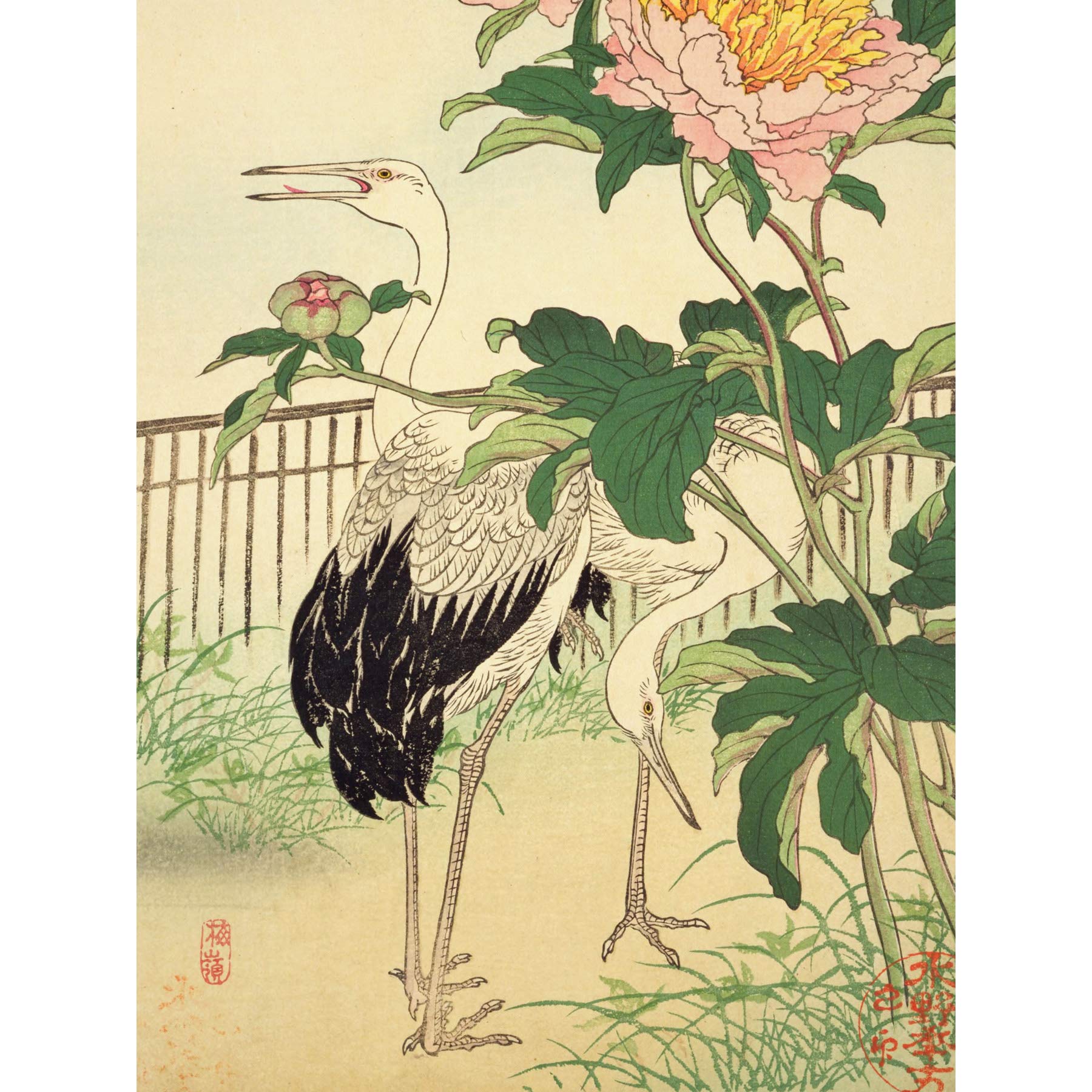 Artery8 Bairei Kacho Gafu Spring Chinese Peony And Cranes Large Wall Art Poster Print Thick Paper 18X24 Inch