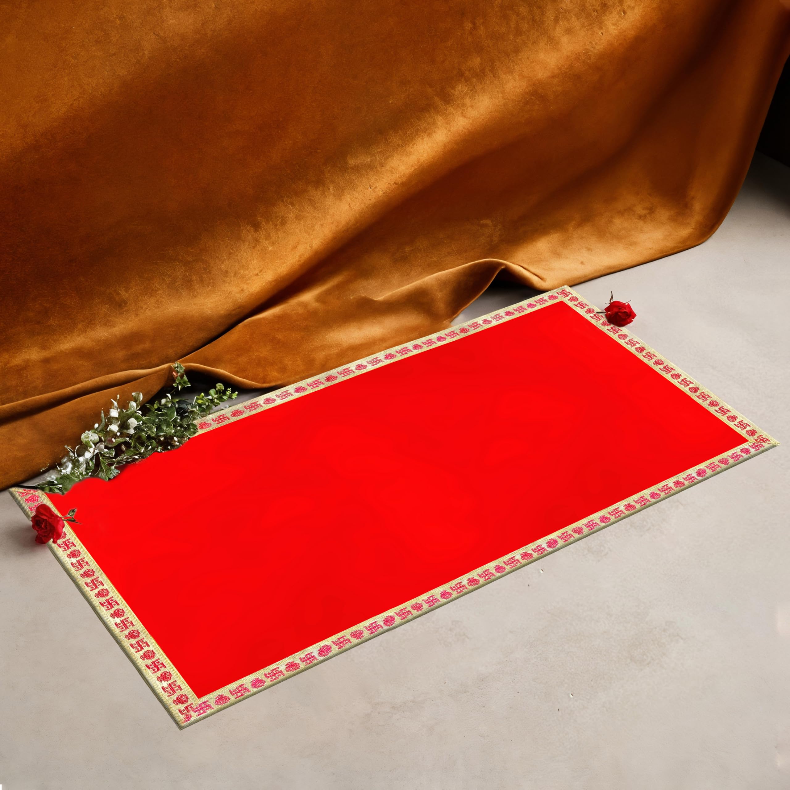Rushville Velvet Aasan Mat | Pooja Aasan Mat | Golden Lace Satya Prayer Mat | Traditional Chowki Prayer Mat |Size : 20 x 40 Inch| Red-image-9