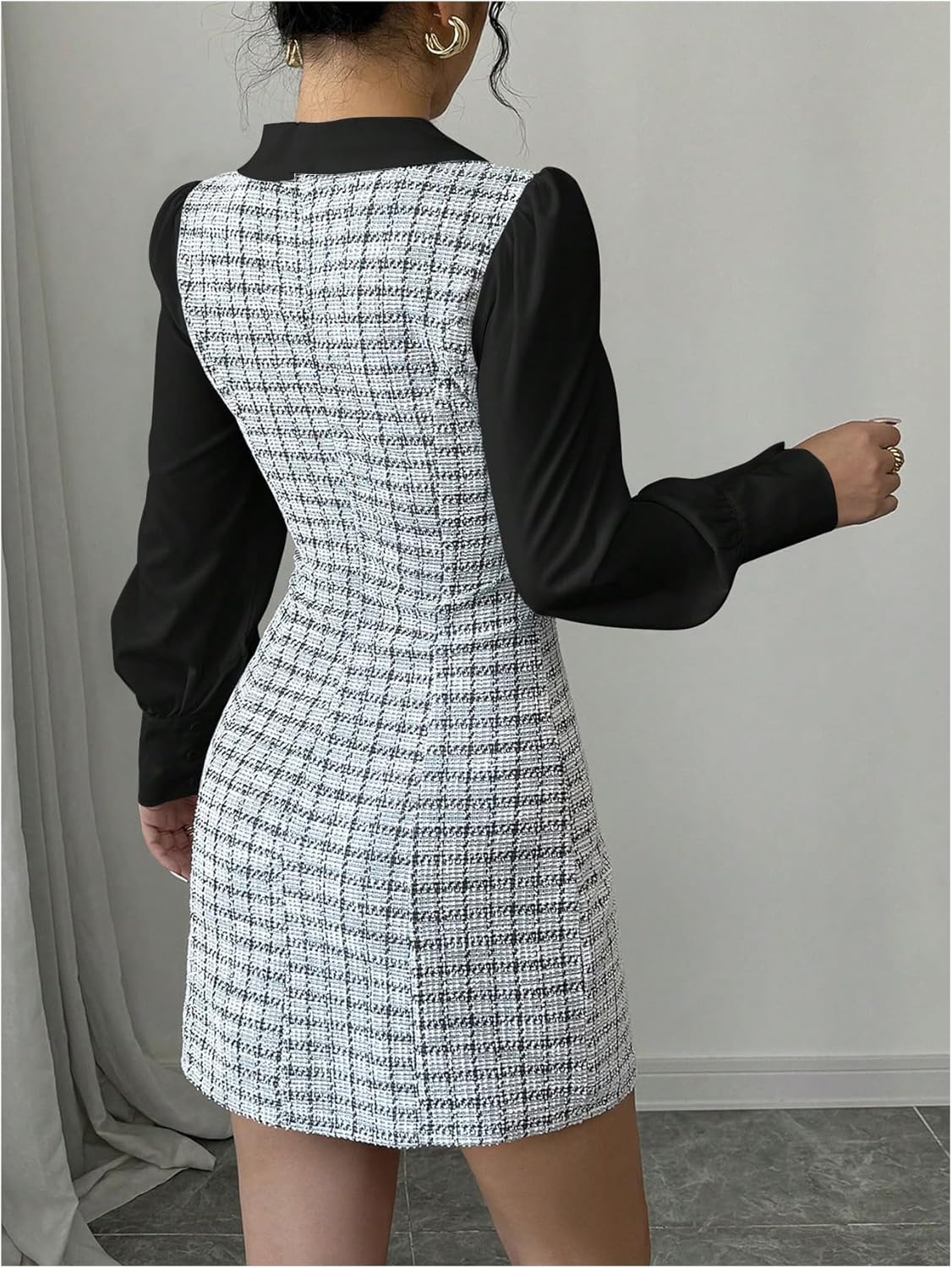 Floerns Women's Elegant Plaid Tweed Dress Bow Front Lantern Long Sleeve 2 in 1 Mini Houndstooth Dresses - Image 4