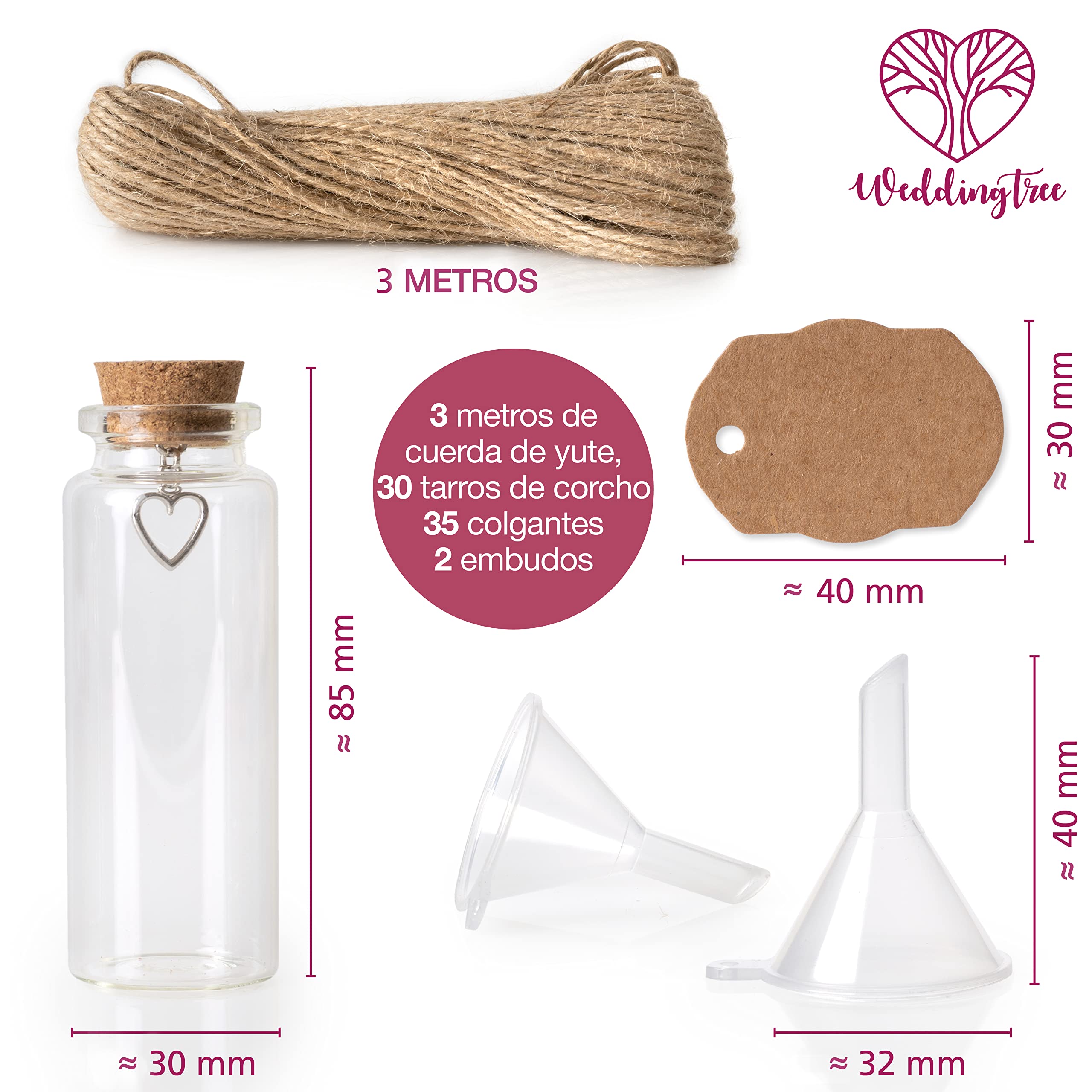 WeddingTree 30 x 40ml Botella de Vidrio Mini - Set de Mini Botellas de Cristal con Corcho y Llavero de Corazón - para Invitados Bodas, Decoración, Frasco para Especia
