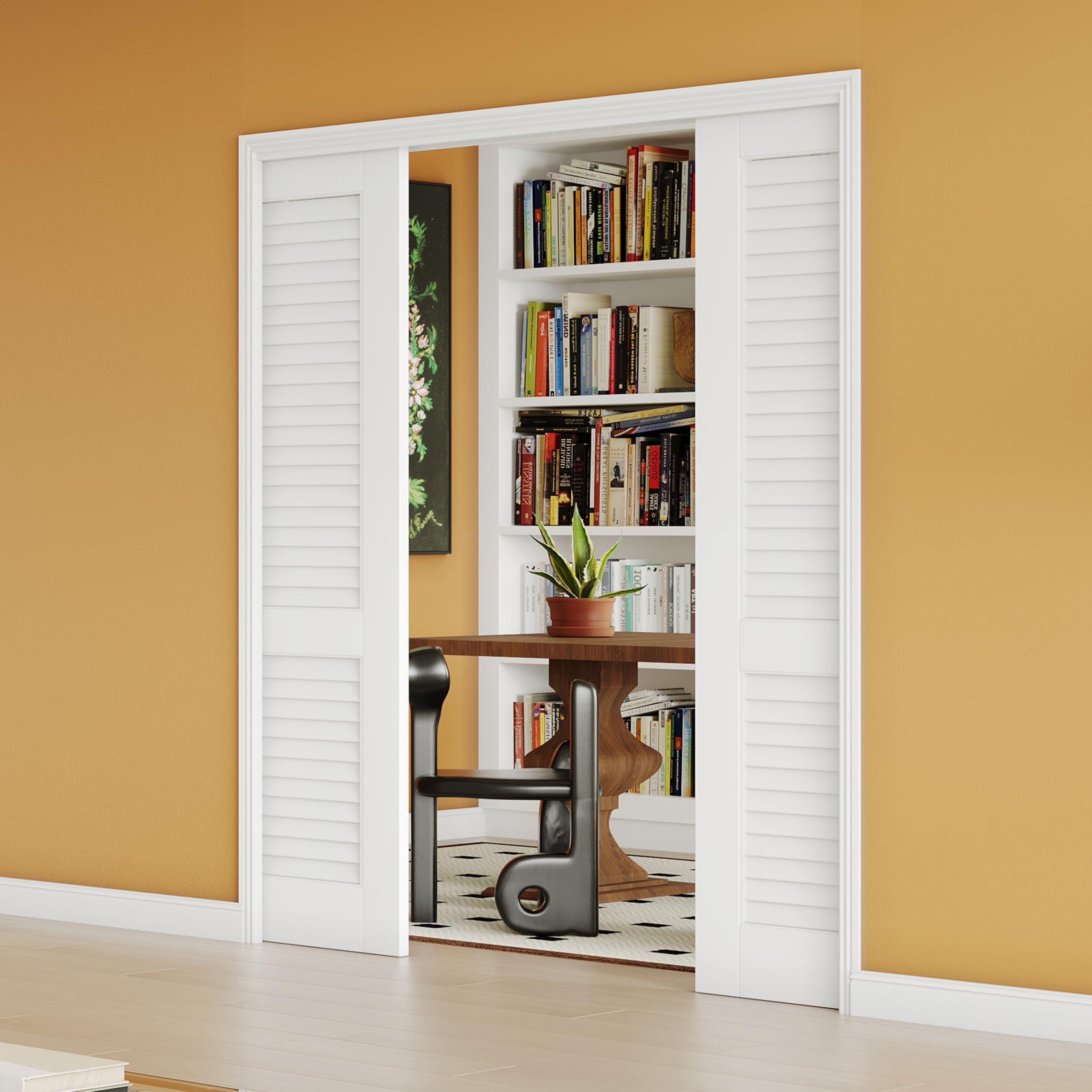 64" x 80" Sliding Pocket Door, Louvered Pantry Doors with Frame and Hardware Kit, Interior Door, White Primer Closet Doors - No Panel Assembly Required