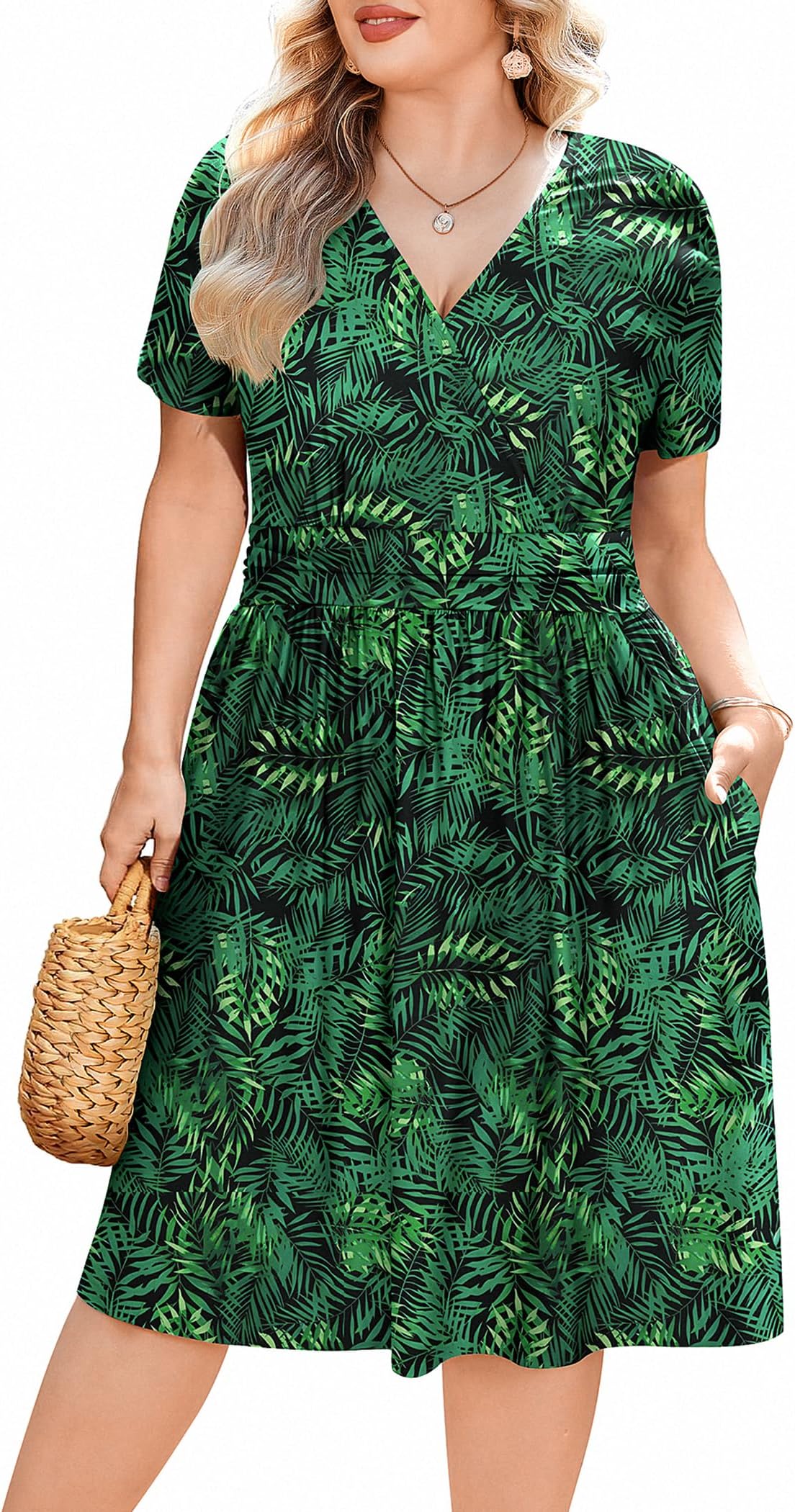 IN'VOLANDWomens Plus Size Floral Summer Dress Casual Wrap V Neck Short Sleeve Beach Bohemian Mini Dress with Pockets