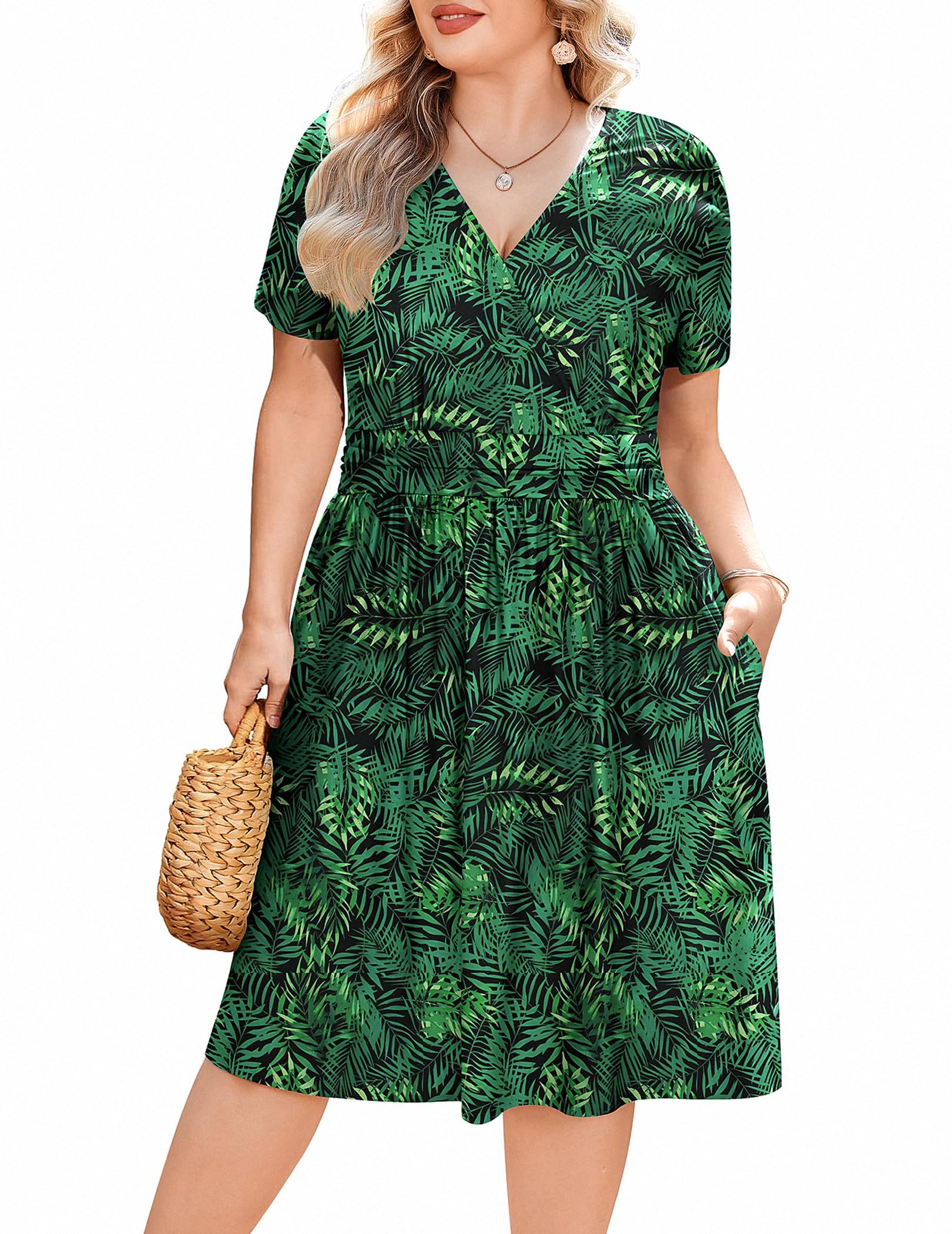 IN'VOLANDWomens Plus Size Floral Summer Dress Casual Wrap V Neck Short Sleeve Beach Bohemian Mini Dress with Pockets