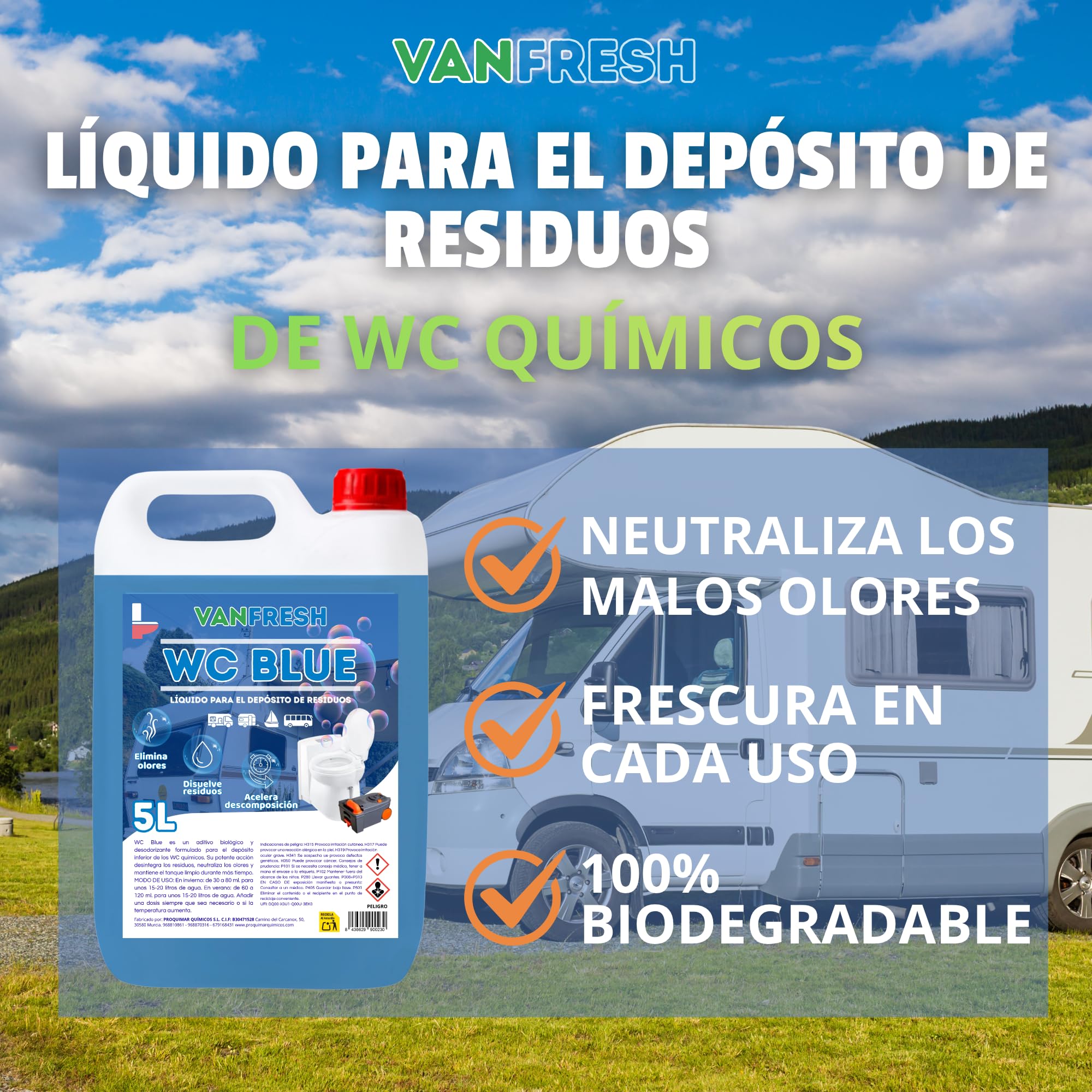 Vanfresh WC Blue – Líquido para Depósito de WC Químico 5L | Aroma Fresco, Limpieza y Control de Olores para Inodoros Portátiles, Autocaravanas y Camping