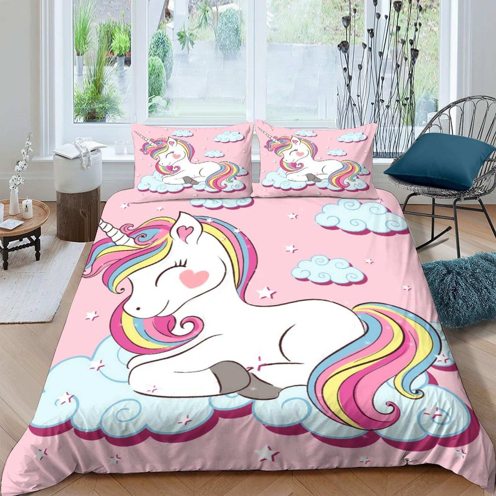 GPLZQXKJNH 3D Printed Pink Unicorn Duvet Cover Microfiber Soft Breathable Rainbow Cloud Bedding Set with 2 Pillowcases for Bedroom Decor Single（135x200cm）