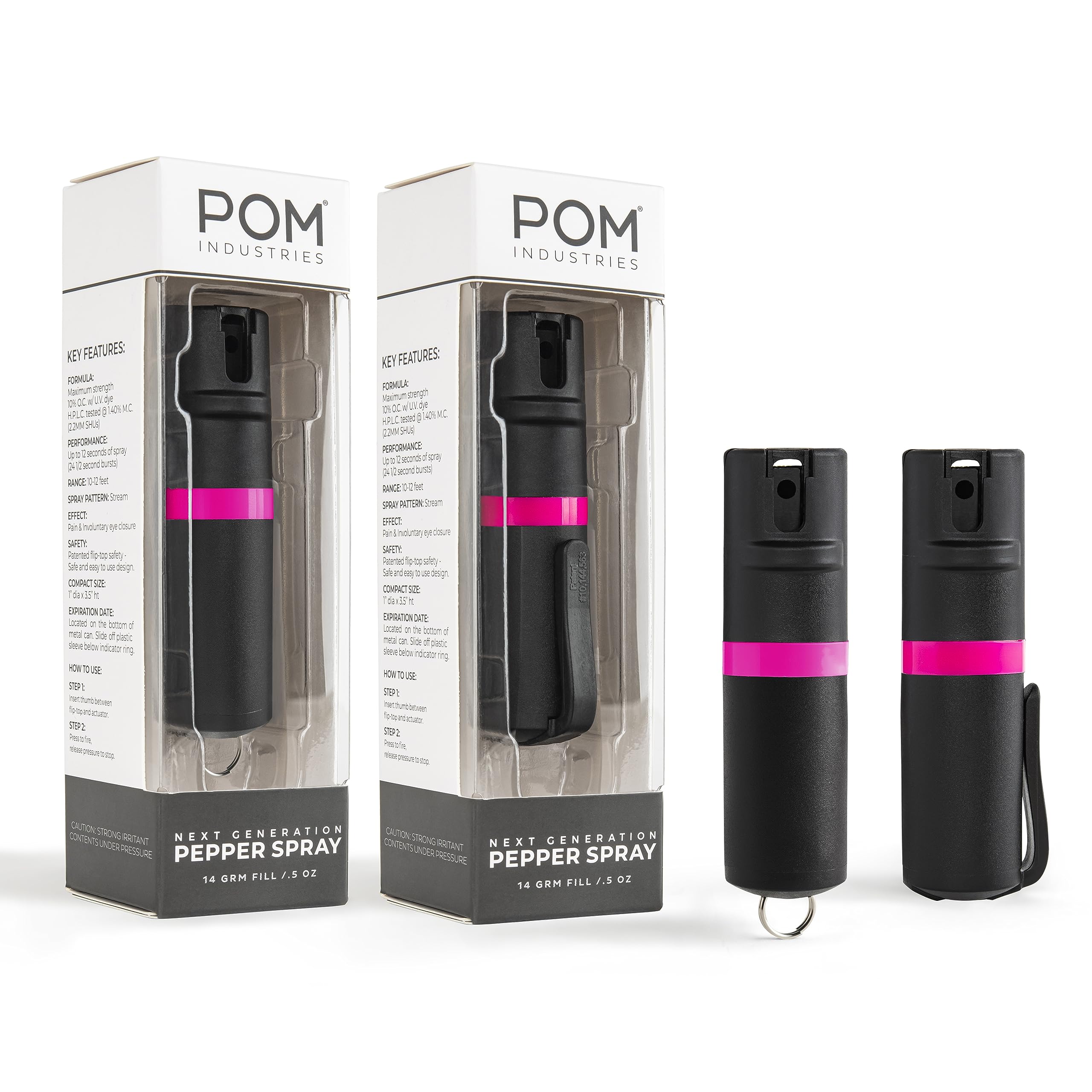 POM Pepper Spray Combo Pack Clip &amp; Keychain - Maximum Strength OC Spray Self Defense- Tactical Compact &amp; Safe Design - 25 Bursts &amp; 10 ft Range - Stream Spray Pattern