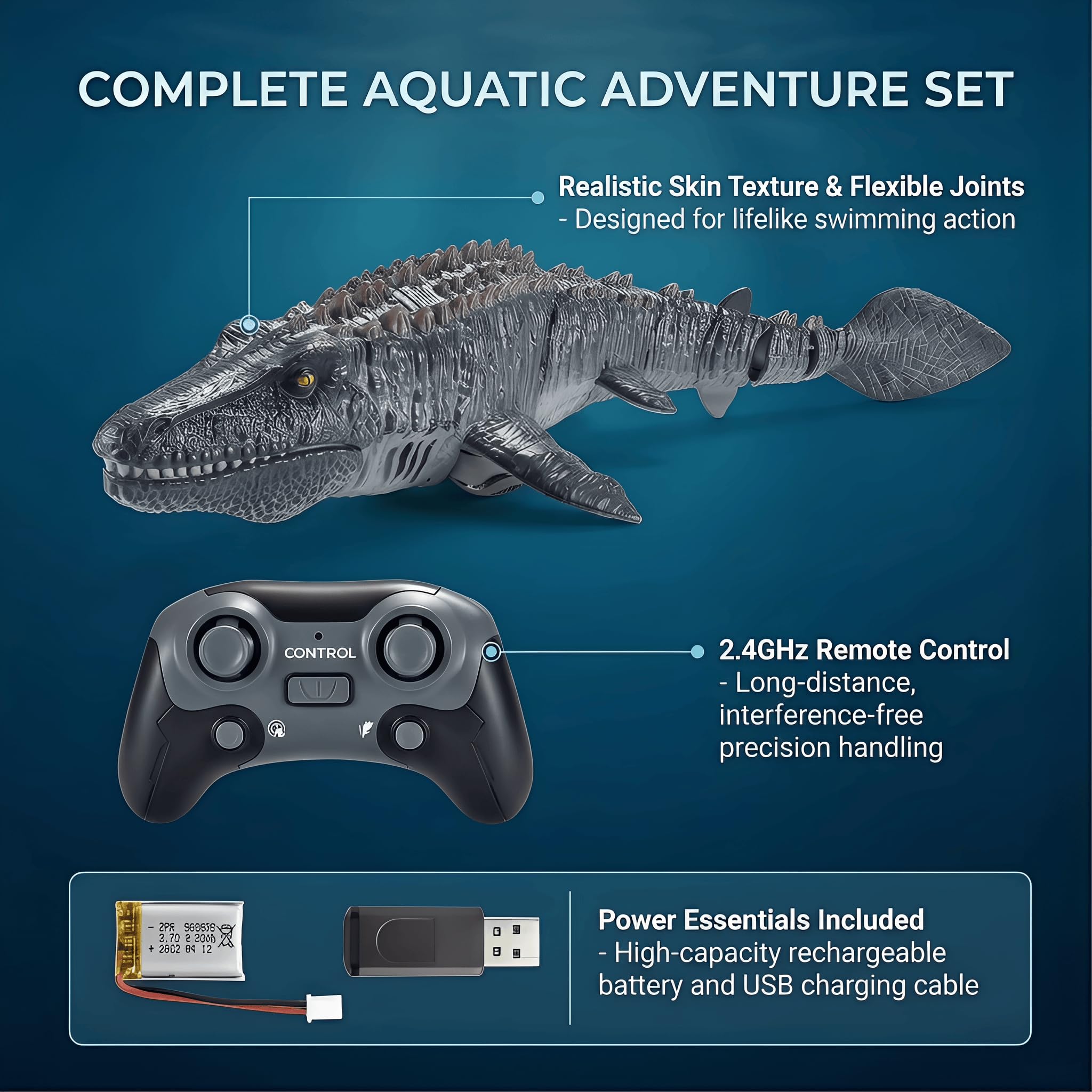 Funmo Bateau Télécommandé Mosasaure 2,4 GHz, Jouet Aquatique Électrique Dinosaure avec Lumière LED et Recharge USB, Cadeau pour Garçons et Filles à Partir de 8 Ans (A)