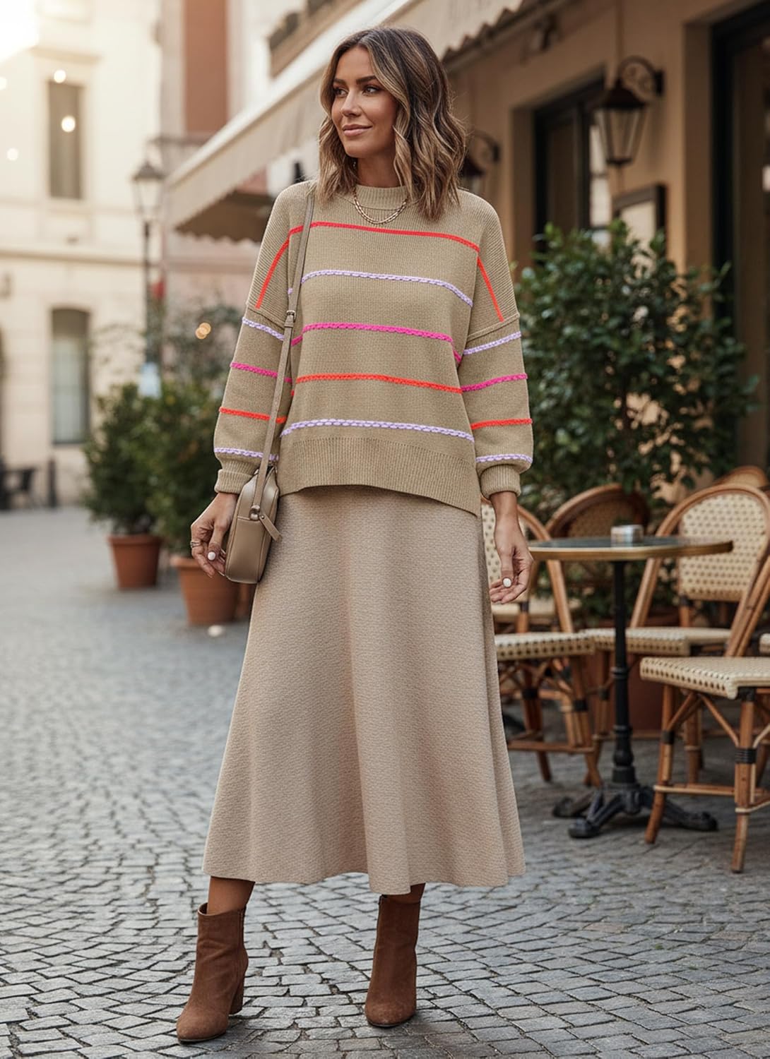 Women's Oversized Crewneck Sweaters Batwing Long Sleeve Side Slit Ribbed Knit Pullover Sweater Tops - Image 2