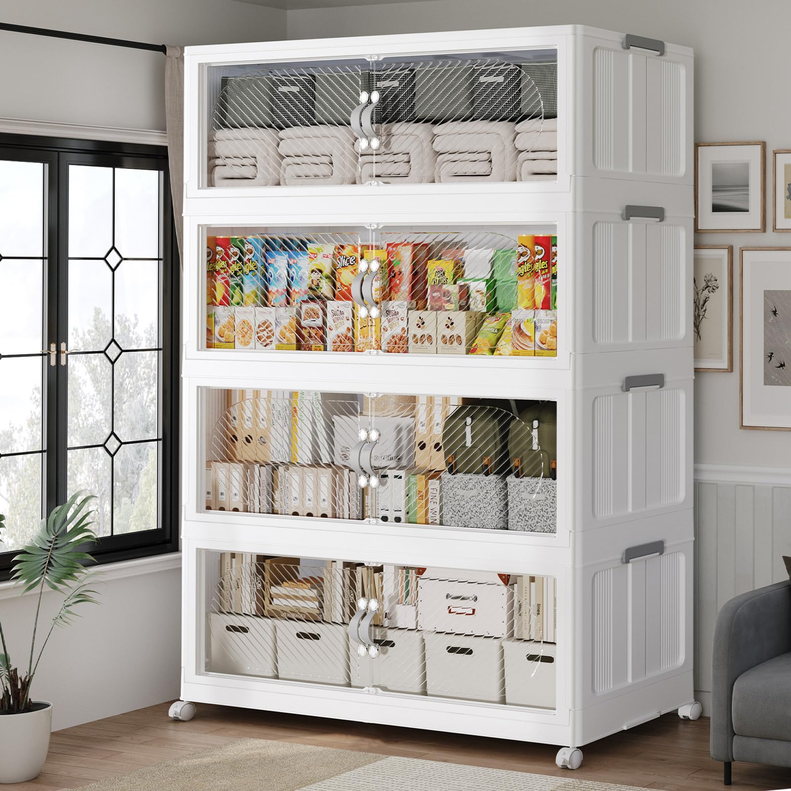 QAVABIN 480QT Extra Large Stackable Storage Bins with Lid, 120Gal Plastic Closet Organizers and Storage Drawer, Collapsible Cabinet Box with Wheels