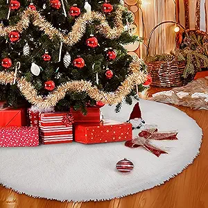 48 Inch White Christmas Tree Skirt, Faux Fur Plush Tree Skirt Christmas Decorations for New Year Home Holiday Wedding Party Christmas Tree Decorations
