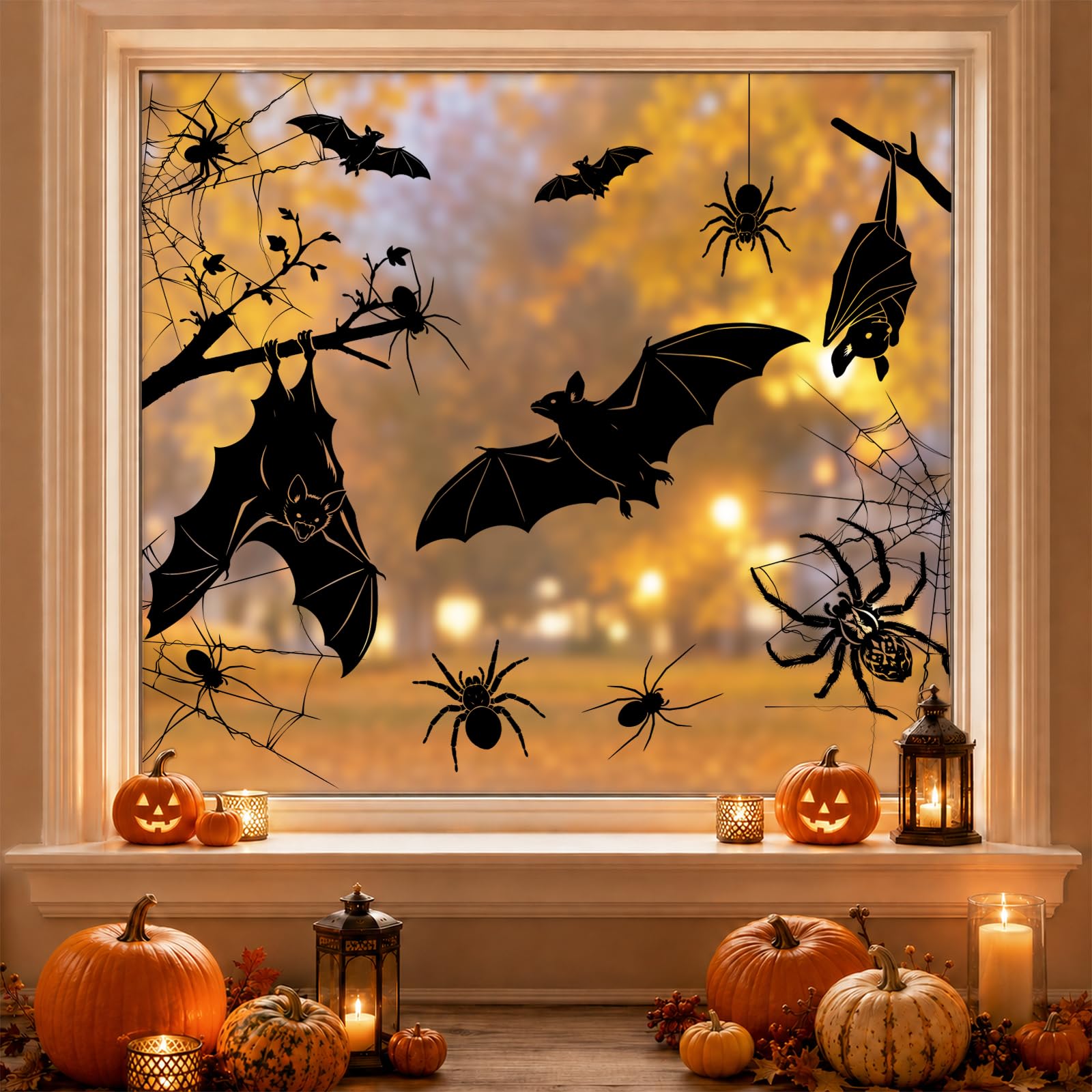 AhfuLife 4 Sheets Large Halloween Bat Window Stickers Decorations, 32 x 90cm, Big Bat Spider Window Clings Double Side Reusable Decals for Halloween Home Party Indoor Decorations — image 1