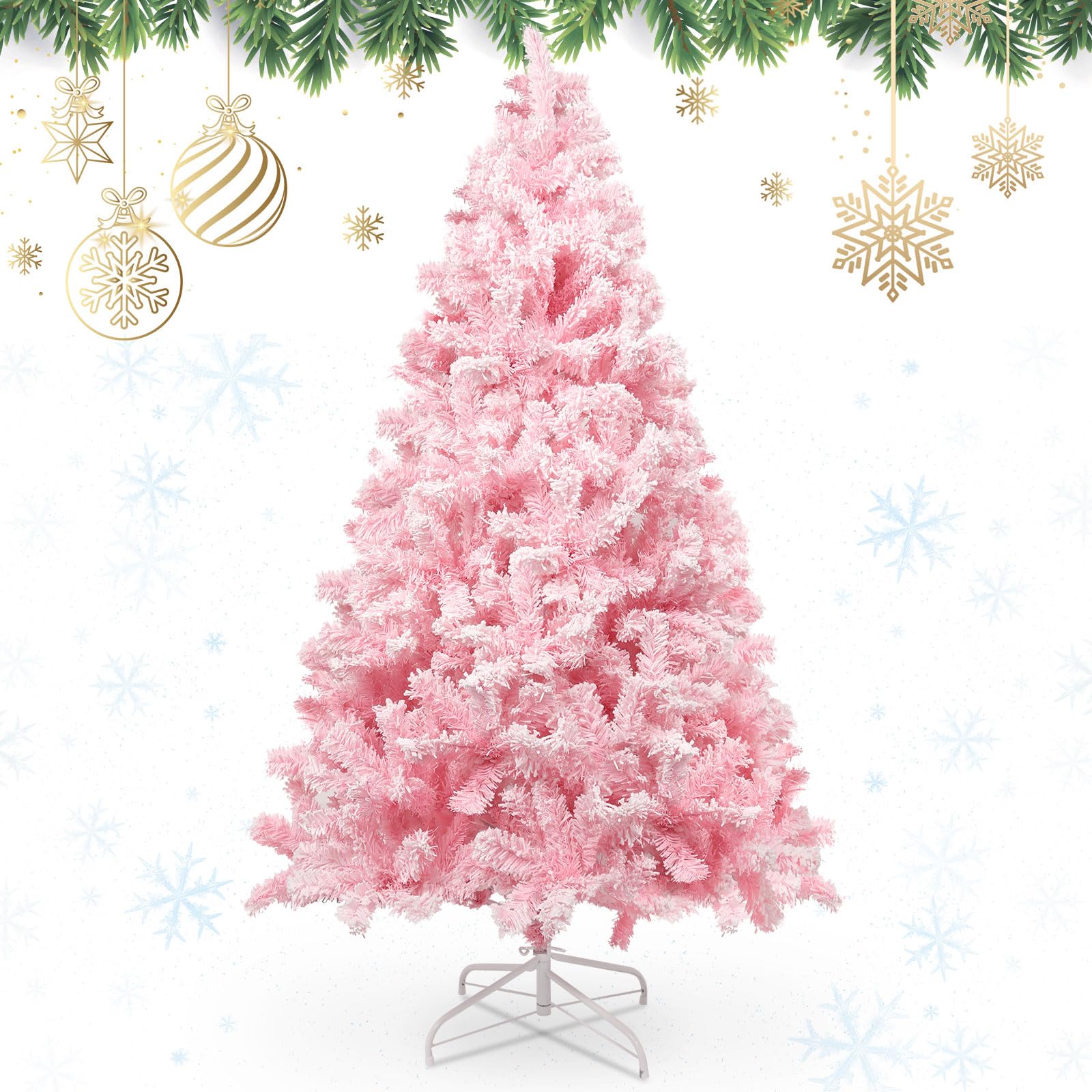 Sapin De Noël Artificiel Rose Enneigé - 210 Cm, 1200 Branches, Support Métallique, Pour Intérieur/extérieur