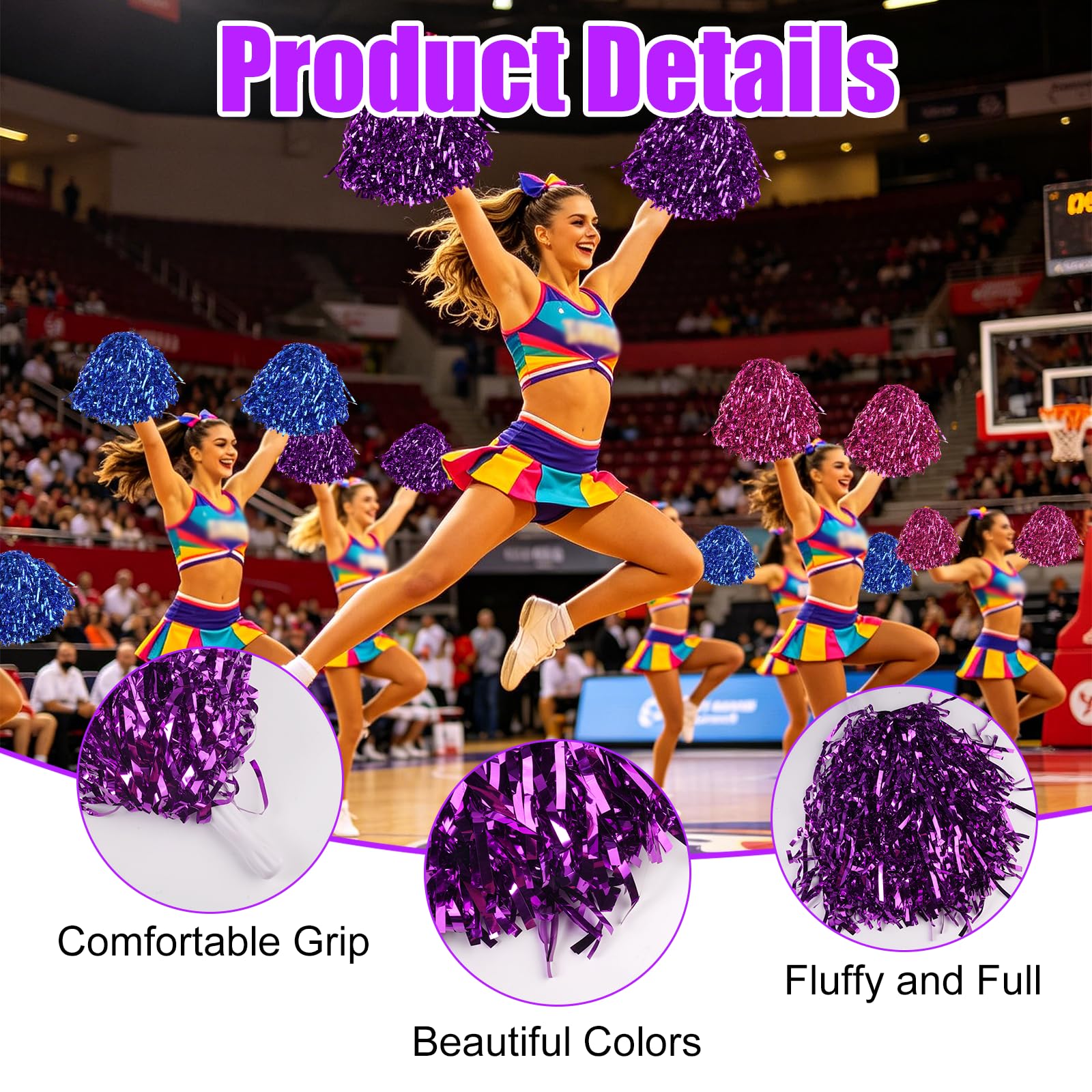 Pompones de Animadora 6 Piezas con Mango Azul/Violeta/Magenta para Eventos Deportivos y Fiestas