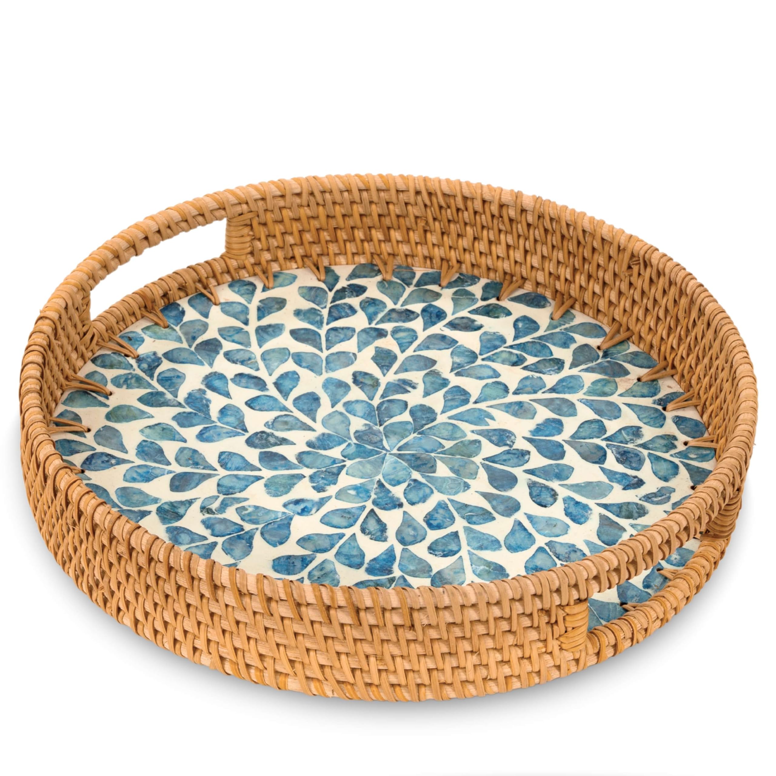 Photo 1 of KOLWOVEN Round Rattan Tray with Handle, Rattan Serving Tray with Mother of Pearl Inlay Wooden Base, Decorative Wicker Basket for Table Decor (Blue Leaves)