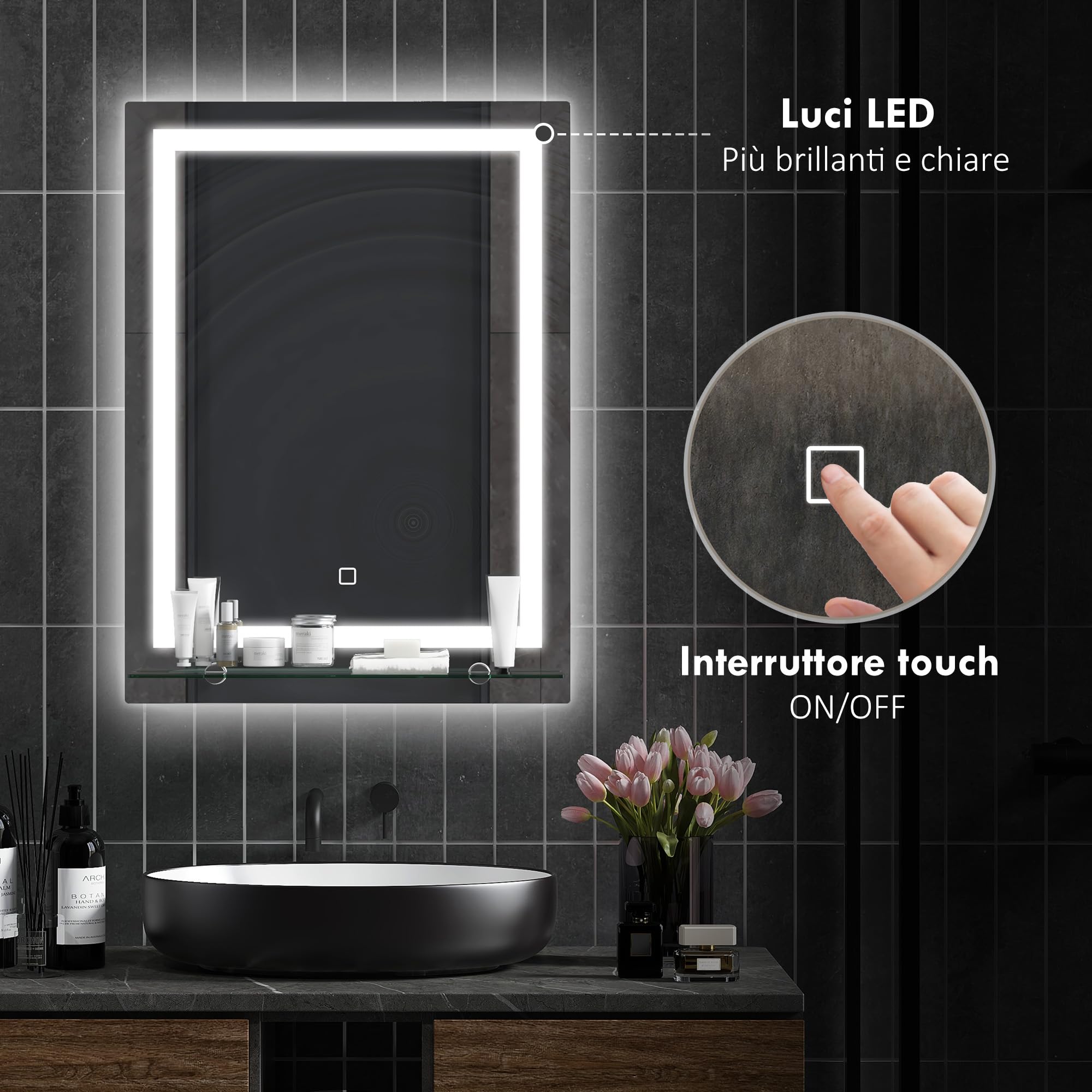 kleankin Specchio per Bagno a Luci LED a 3 Colori Regolabili con Mensola in Vetro, Specchio Illuminato con Funzione a Memoria in Alluminio e Vetro Temperato, 50x12x70 cm, IP44, Argento
