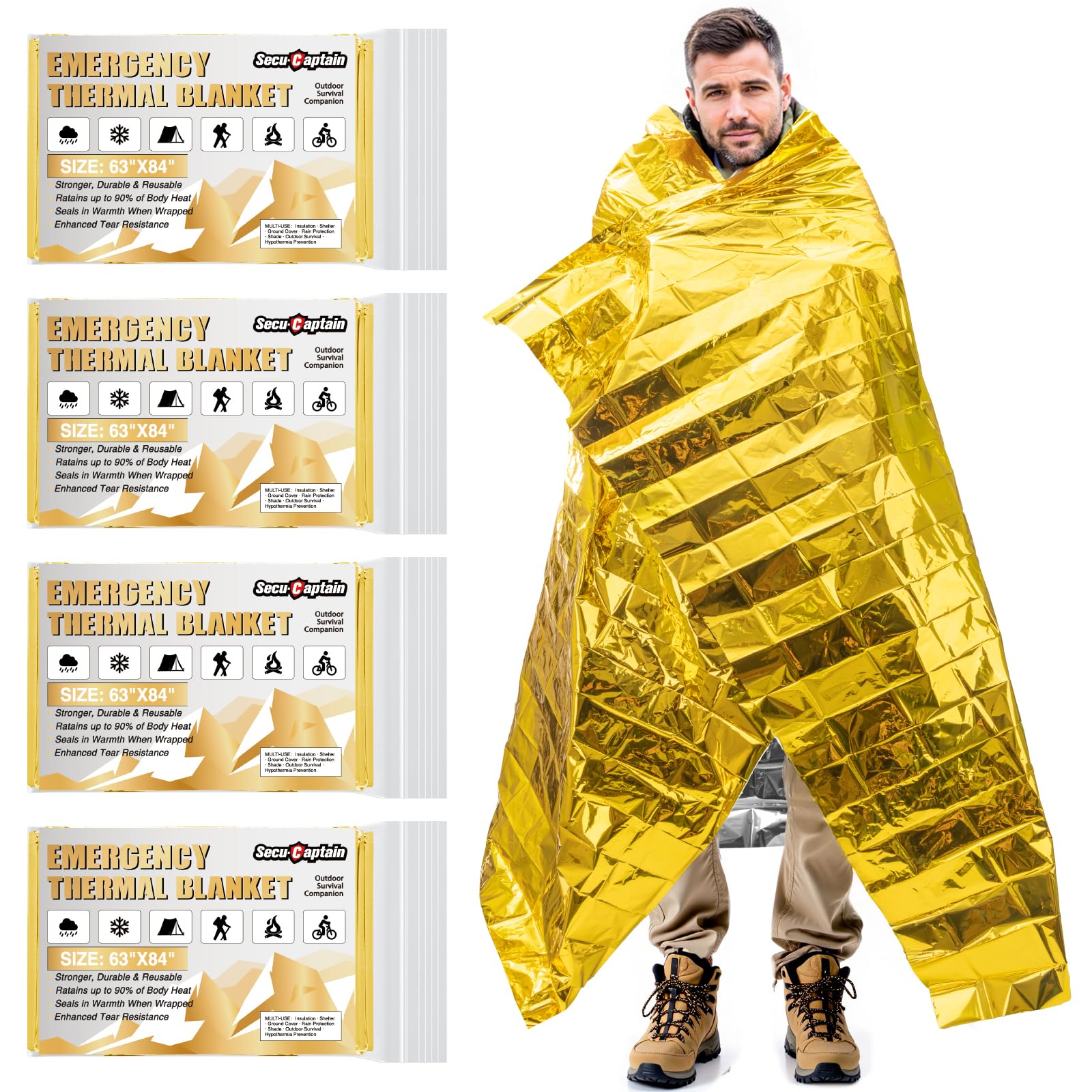 SecuCaptain Survival Emergency Thermal Blankets: Extra Large 84” x63” Space Mylar Blanket Kit for Outdoor Cold Winter Camping Hiking Car Bug Out Bag or First Aid - 4 Pack Gold