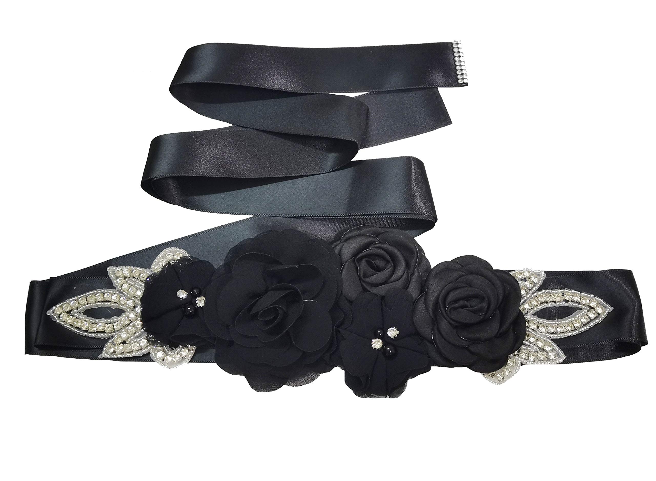 Lauthen.S Sash Belt with Flowers Pearls Rhinestone for Wedding Bride/Baby Shower Dress, Black, One Size