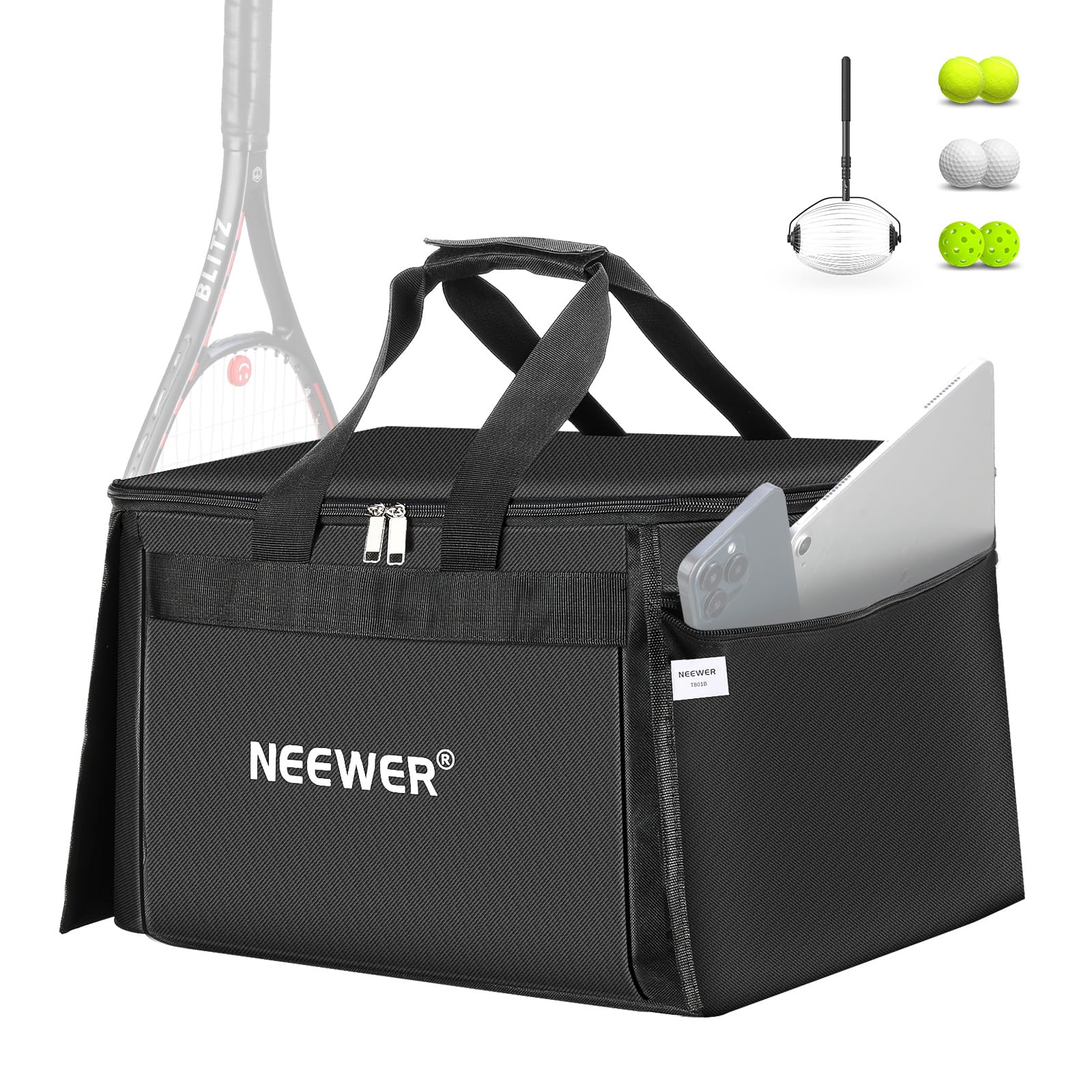 NEEWER Tennis Ball & Pickleball Hopper for 110 Balls Heavy Duty Polyester Carry Bag for NEEWER TB01S Tennis Ball Roller, Portable Lightweight Baseball Golf Caddy Basket Holder with Side Pockets, TB01B