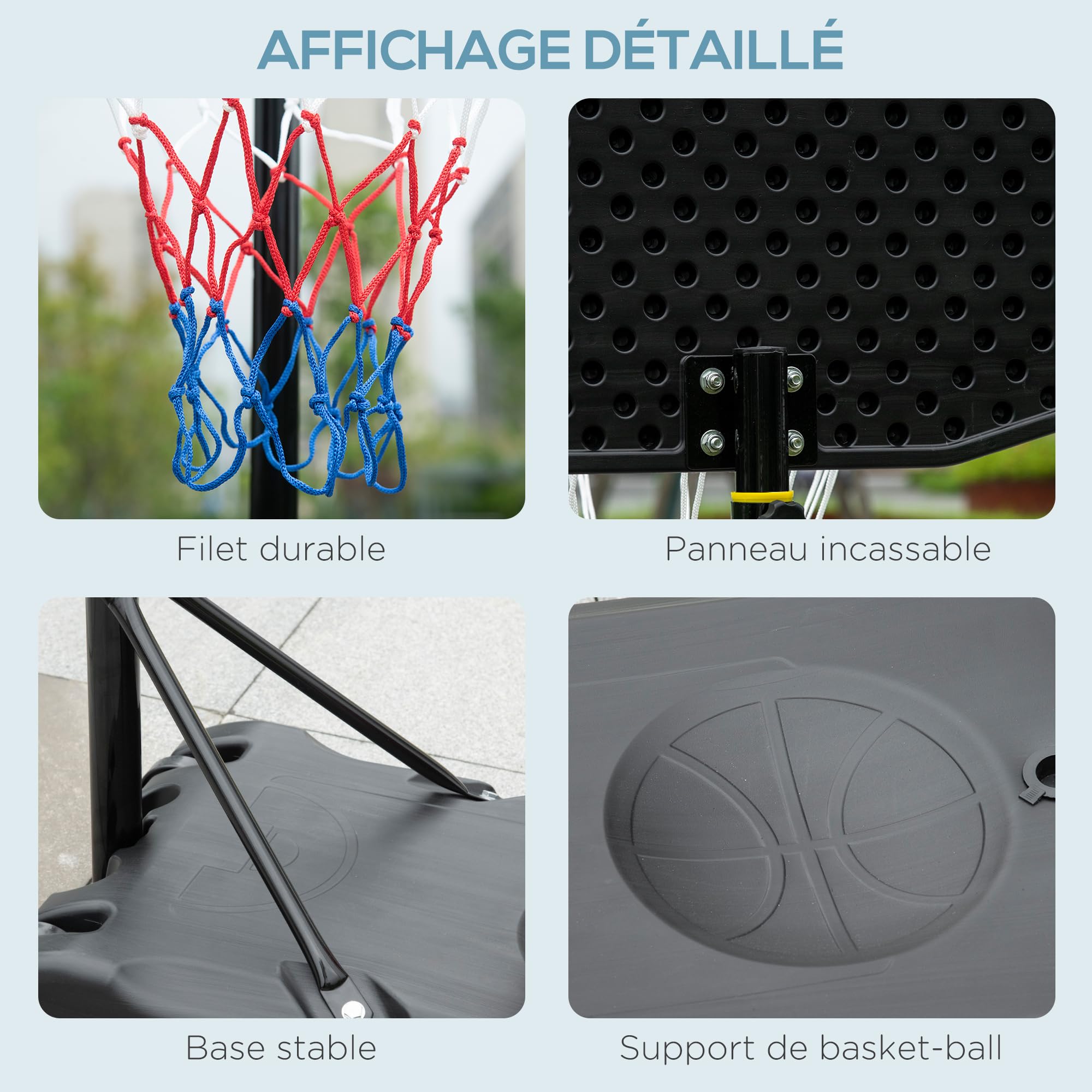 HOMCOM Panier de Basket Extérieur Réglable Base Stable 197,5-254 cm Noir | Panier de Basket sur Pied à Roulettes, Base Remplissable d'Eau ou de Sable, pour Juniors et Adultes