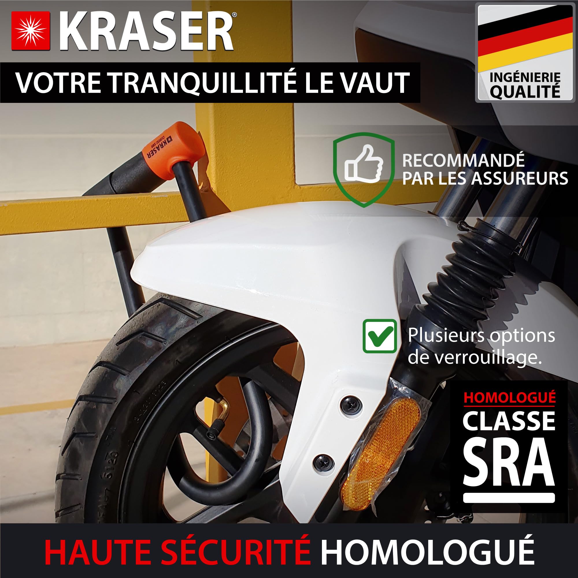 KRASER KR85L Antivol Moto Homologué SRA | Promo Model Plus Robust | U ø18mm Acier Cémenté, Double Verrouillage, 3 Clés Haute Sécurité Anti-crochetage, Recommandé Assurances, Antivol Vélo en U 85x300mm