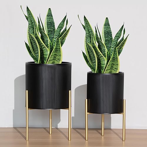 Miniatura 2 de ARNIS Macetas modernas, juego de 2 macetas redondas grandes con soporte, macetas decorativas, macetas de metal con agujeros de drenaje para sala de