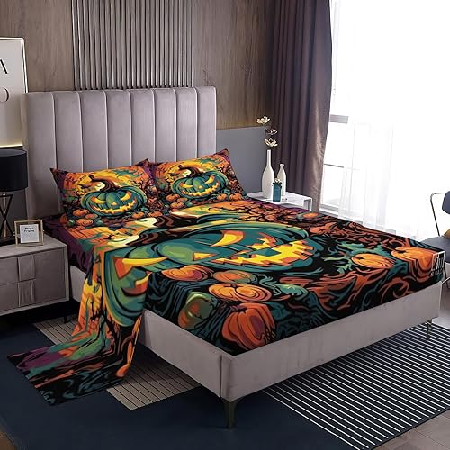 Miniatura 103 de Sábanas de Halloween tamaño individual – Juego de sábanas espeluznantes de calabaza murciélago para niños y niñas, juego de sábanas temáticas