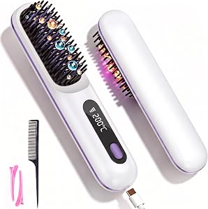 Go Brush Pro Wireless Hair Straightener Brush, Portable Rechargeable Straightener Hot Comb Fast Heating for Travel and Daily, with 3 Adjustable Heat Modes & LED Display (White B)