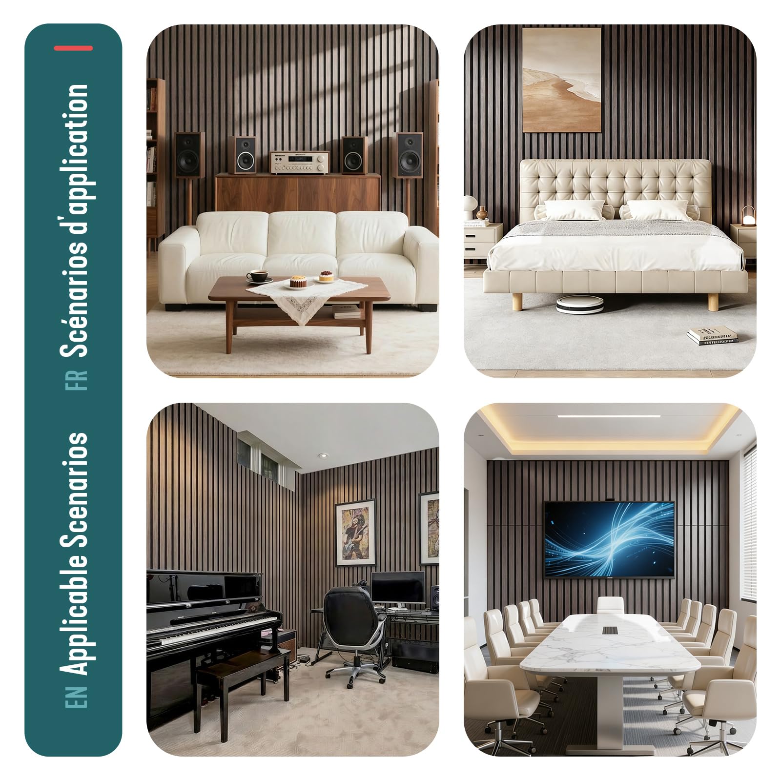 VOUNOT® Set da 4 Pannelli Fonoassorbenti 120x60x2,1 cm in MDF con Feltro di Poliestere Ignifugo, Pannelli Acustici da Parete 3D Isolamento Acustico per Soggiorno, Camera e Ufficio, Rovere Scuro