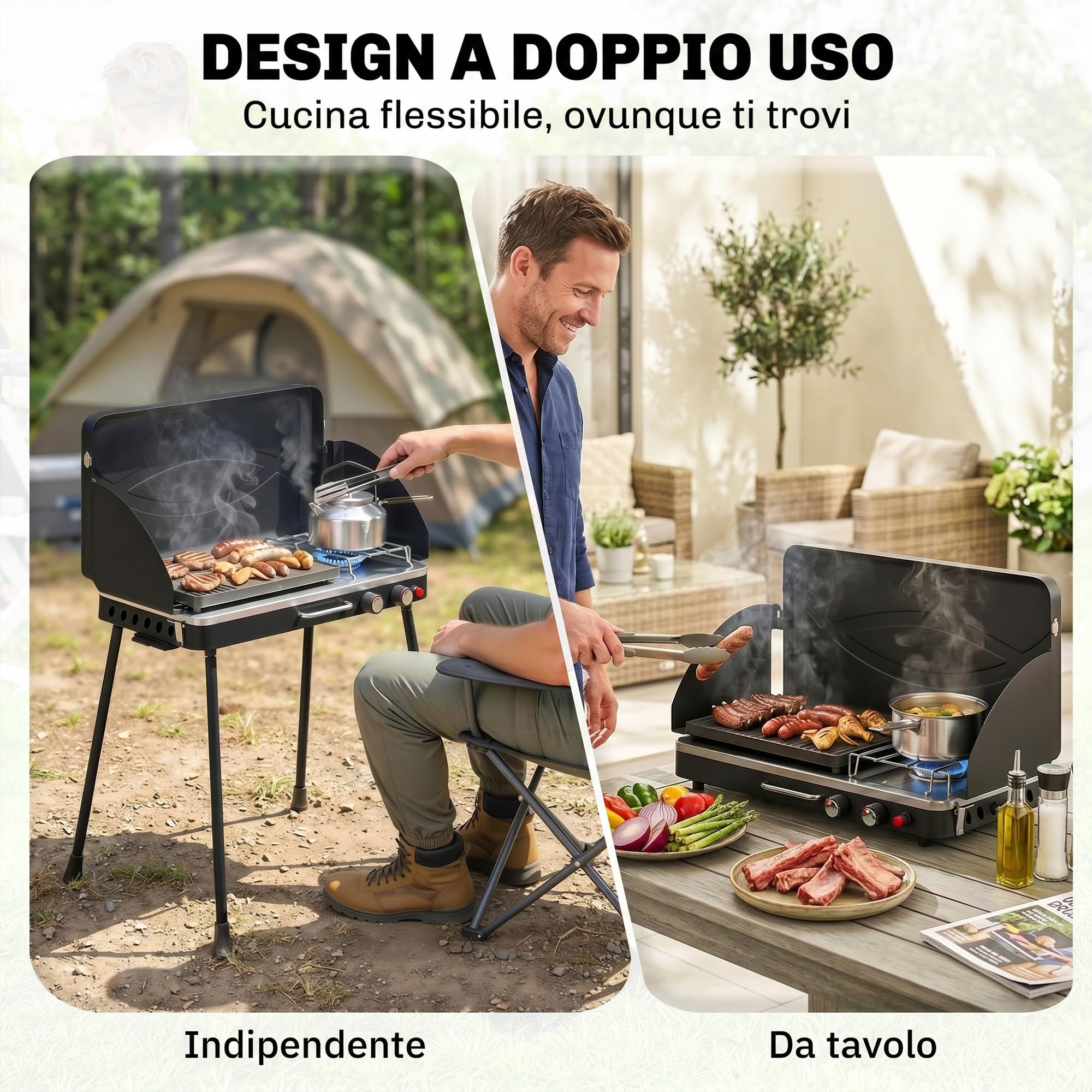 Outsunny Gasgrill Campingkocher 2 in 1 tragbar schwarz | 2 Brenner 7 kW, LPG-Gasgrill mit Platte, abnehmbare Beine, Windschutz, Griff, für BBQ Picknick Garten