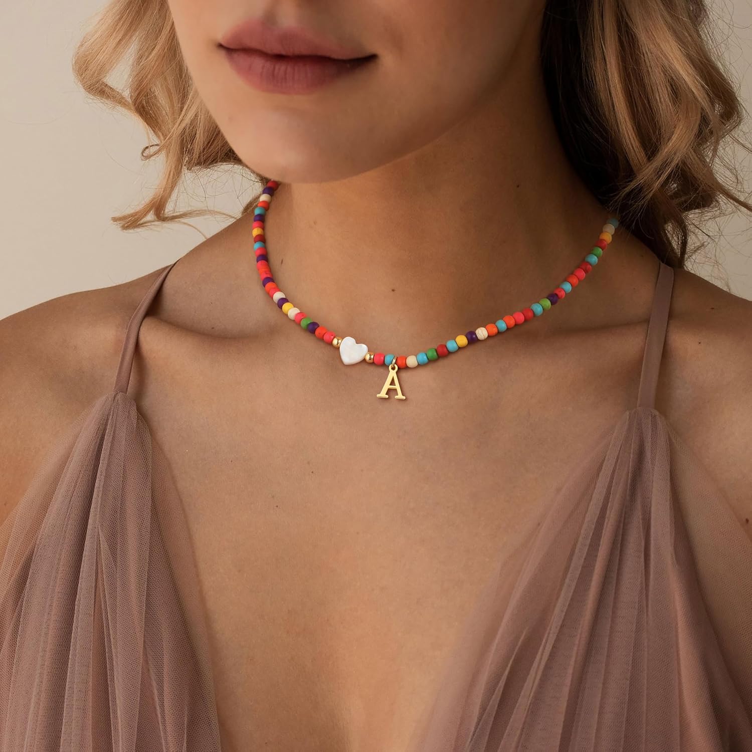 TOBENY Dainty Initial Necklaces for Women Colorful Beaded Necklaces Handmade Personalized A-Z Gifts Trendy Stuff 14K Gold Plated Bohemian Letter Choker Necklace with Heart Shaped Shells Jewelry Gift - Image 8