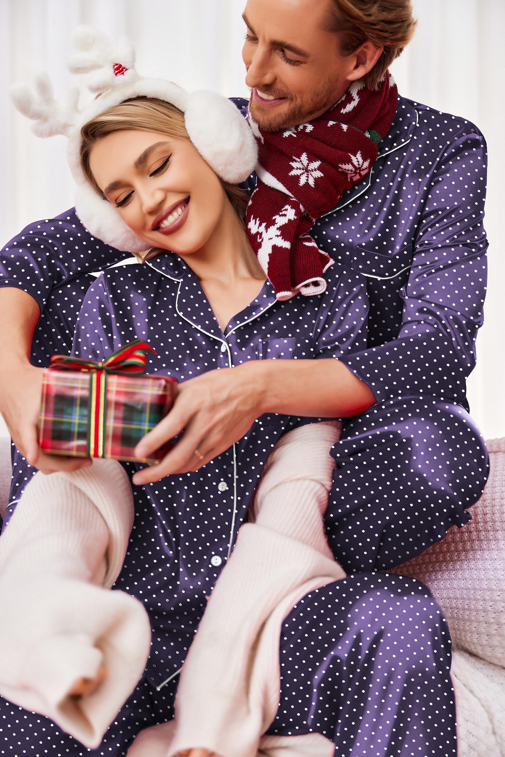 Ekouaer Pijamas a juego para parejas, de seda, de manga larga, de satén, suave, con botones, tallas S-XXL, blanco, azul marino (Navy White Polka Dots), XX-Large