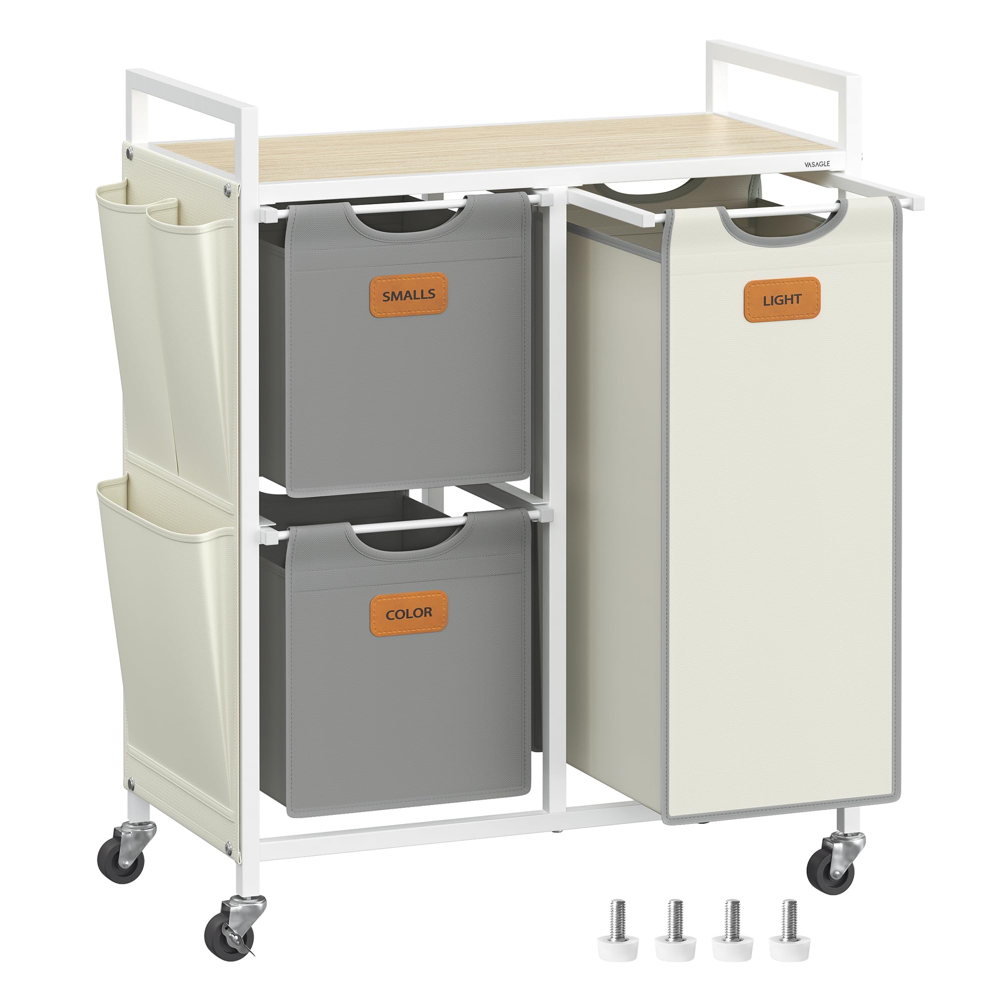 100 L Laundry Hamper with 3 Compartments, Natural Beige + Dove Grey + Cream White